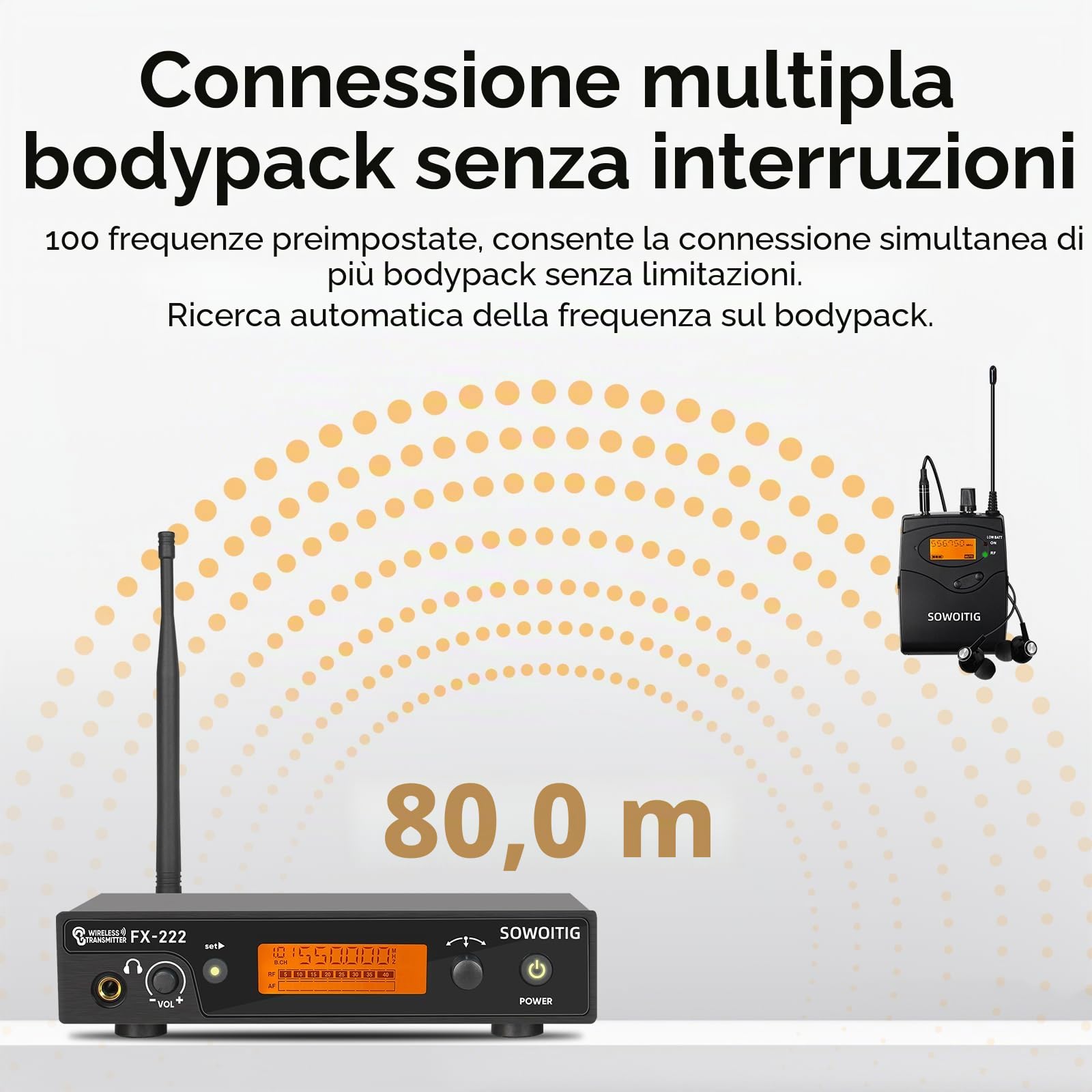 Sistema di monitoraggio wireless in-ear UHF-IEM (mono) con trasmettitore in metallo a rack, ricevitore bodypack e auricolari, 100 frequenze, portata 80 m