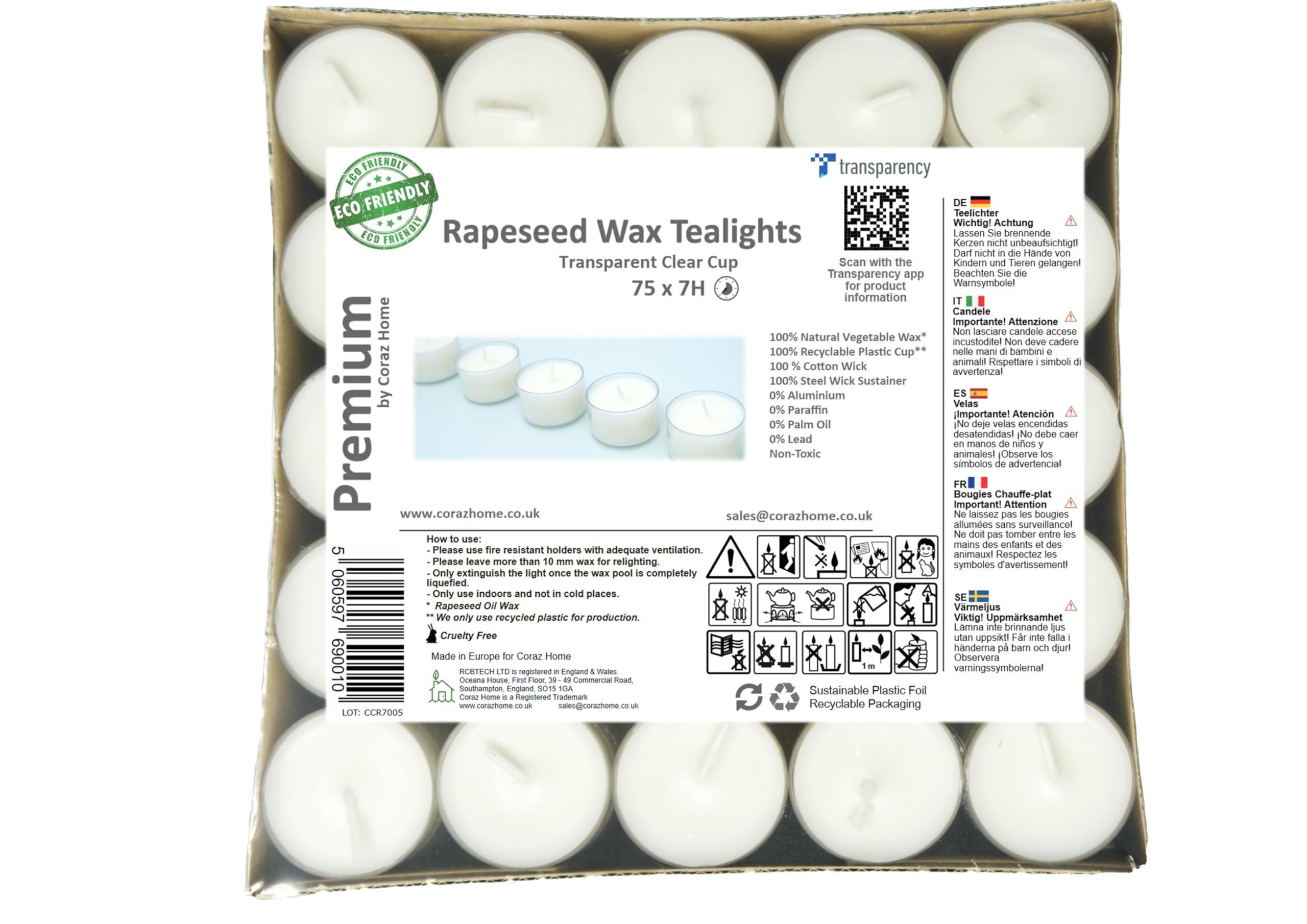 Luci da tè naturali di alta qualità Cera di colza in candele trasparenti con 4 o 7-8 ore di combustione Cera bianca pura non tossica Senza paraffina Senza profumo