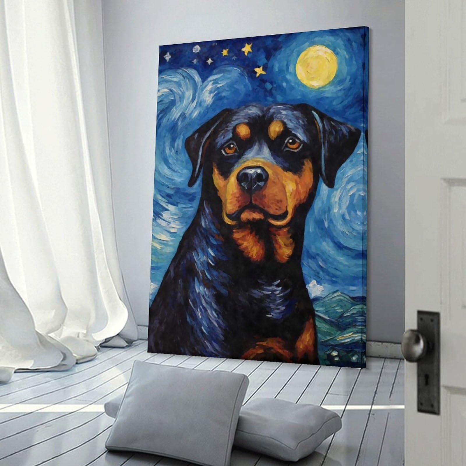 Junmoney Frame-Style-15 Rottweiler Starry Night Decorative Canvas Print, 24X36inch(60X90cm), For Home, Office, Studio Or Guest Room, Versatile Wall Decor For Many Rooms