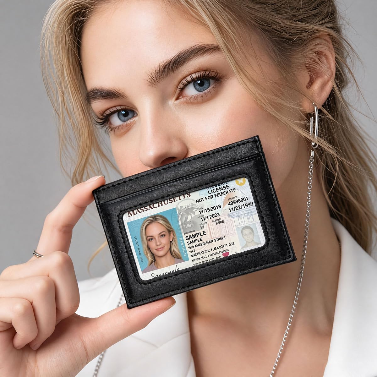 Leather credit card holder Minimalist Slim Front Pocket Wallet with ID Window Stylish and Durable Unisex Card Case (Black)