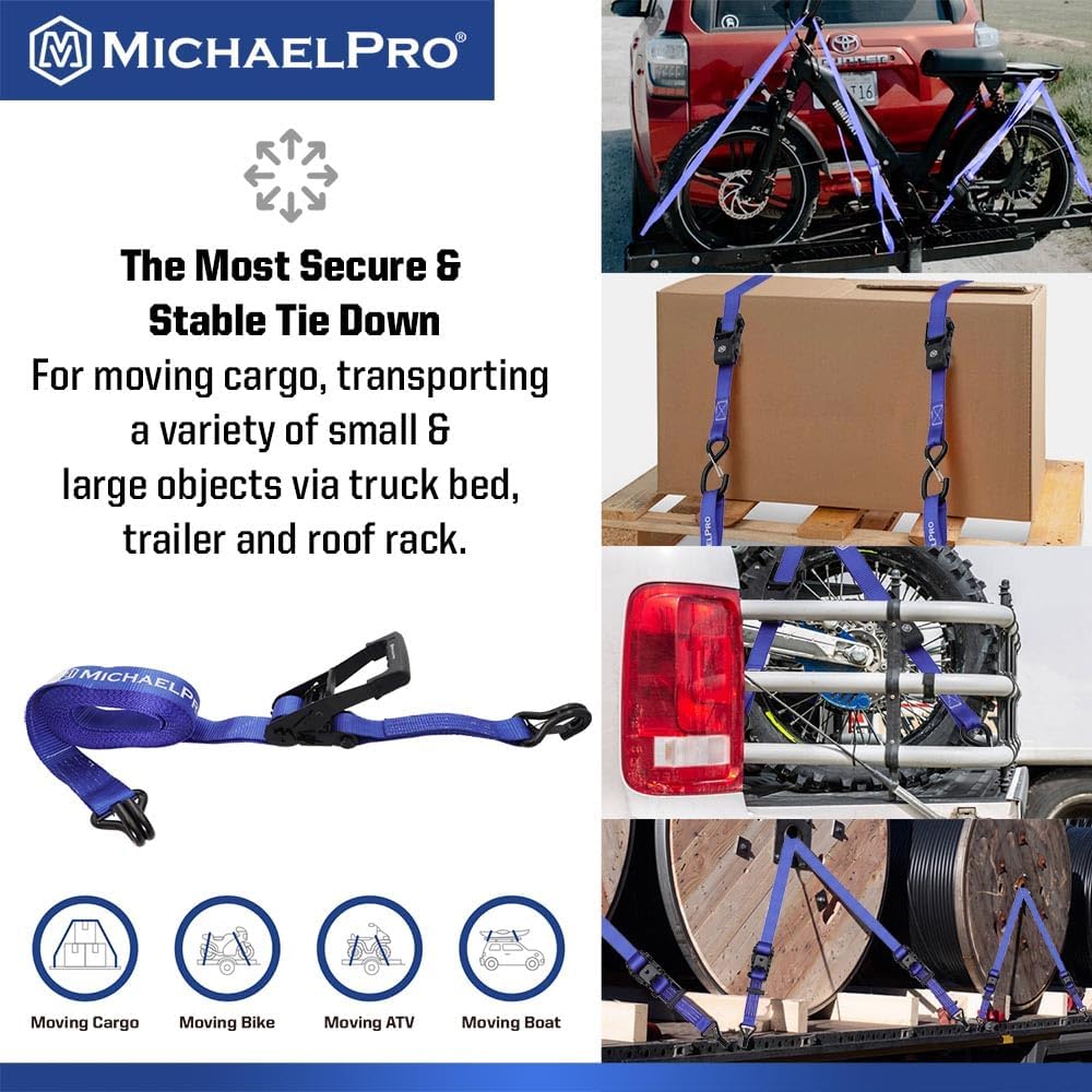 MichaelPro 2" x 27' Ratchet Tie Down Strap with J-Hook Safety Latches, 10,000 lb Break Strength, for Moving Cargo, Appliances, Lawn Equipment, Motorcycle, Storage Bag Included | MP021003