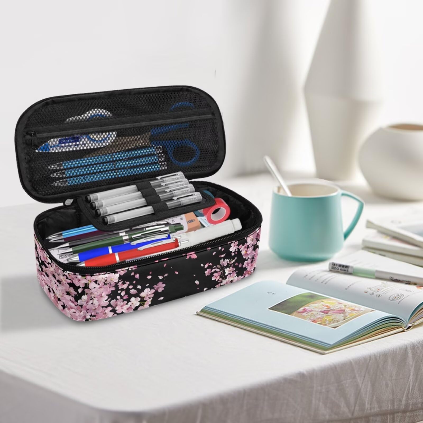 Dngkaoje Cherry Blossom Axolotl Pencil Case for Girls Big Capacity Pencil Pen Zipeper Pouch Bag High Storage Case Primary School College Office Organizer for Kids Girls Pencilcase - Image 3
