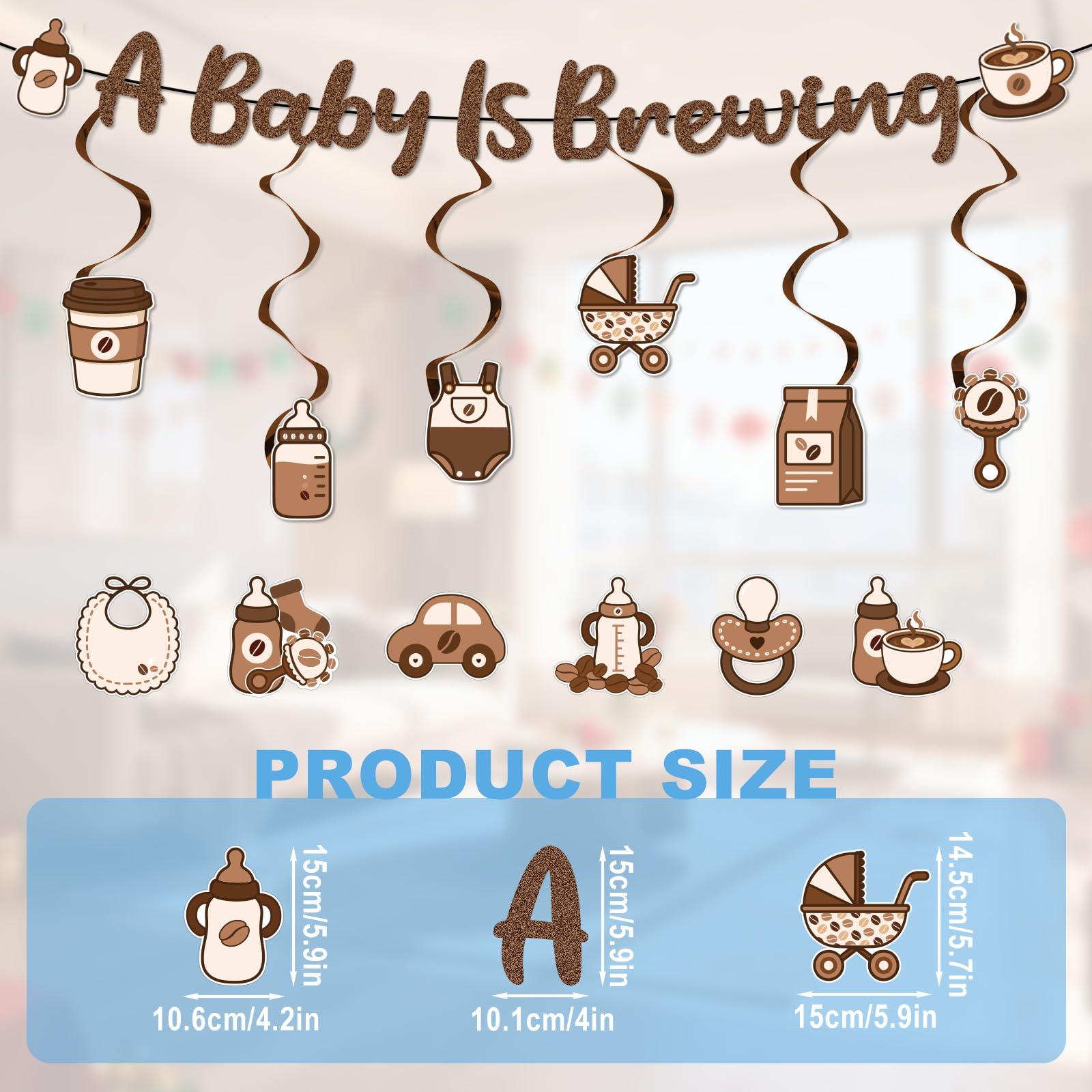 A Baby Is Brewing Banner Set, Coffee Themed Party Decorations with Hanging Swirls & Stickers for Baby Shower Party Decor Supplies - Image 2