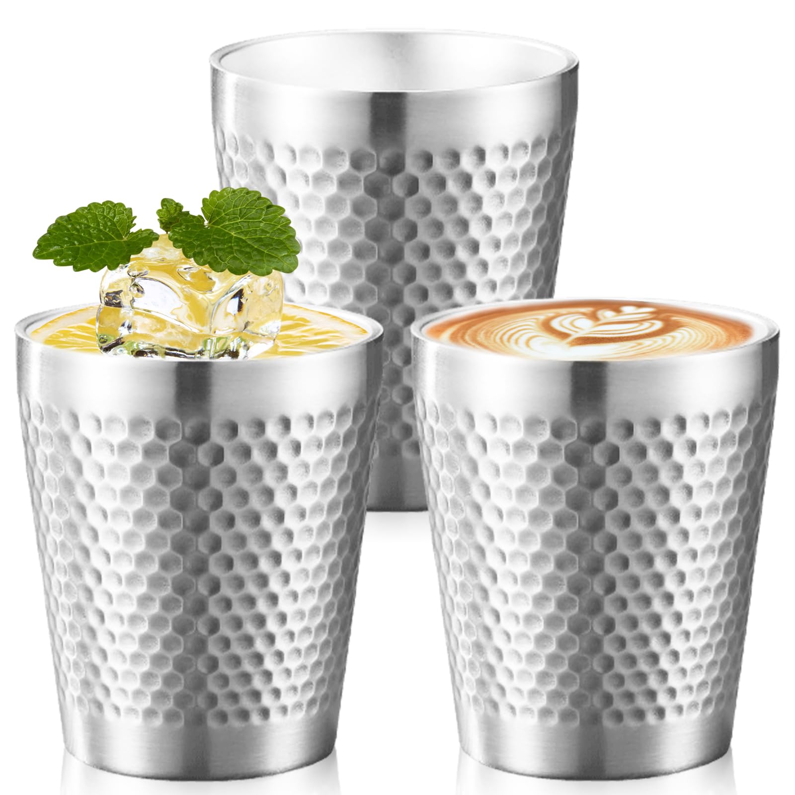 3 stuks roestvrijstalen bekers, 300 ml, dubbelwandig, stapelbaar, geïsoleerd metalen hammenpatroon, campingbekers zonder handvat, onbreekbaar, hittebestendig, vaatwasmachinebestendig, voor bier, sap