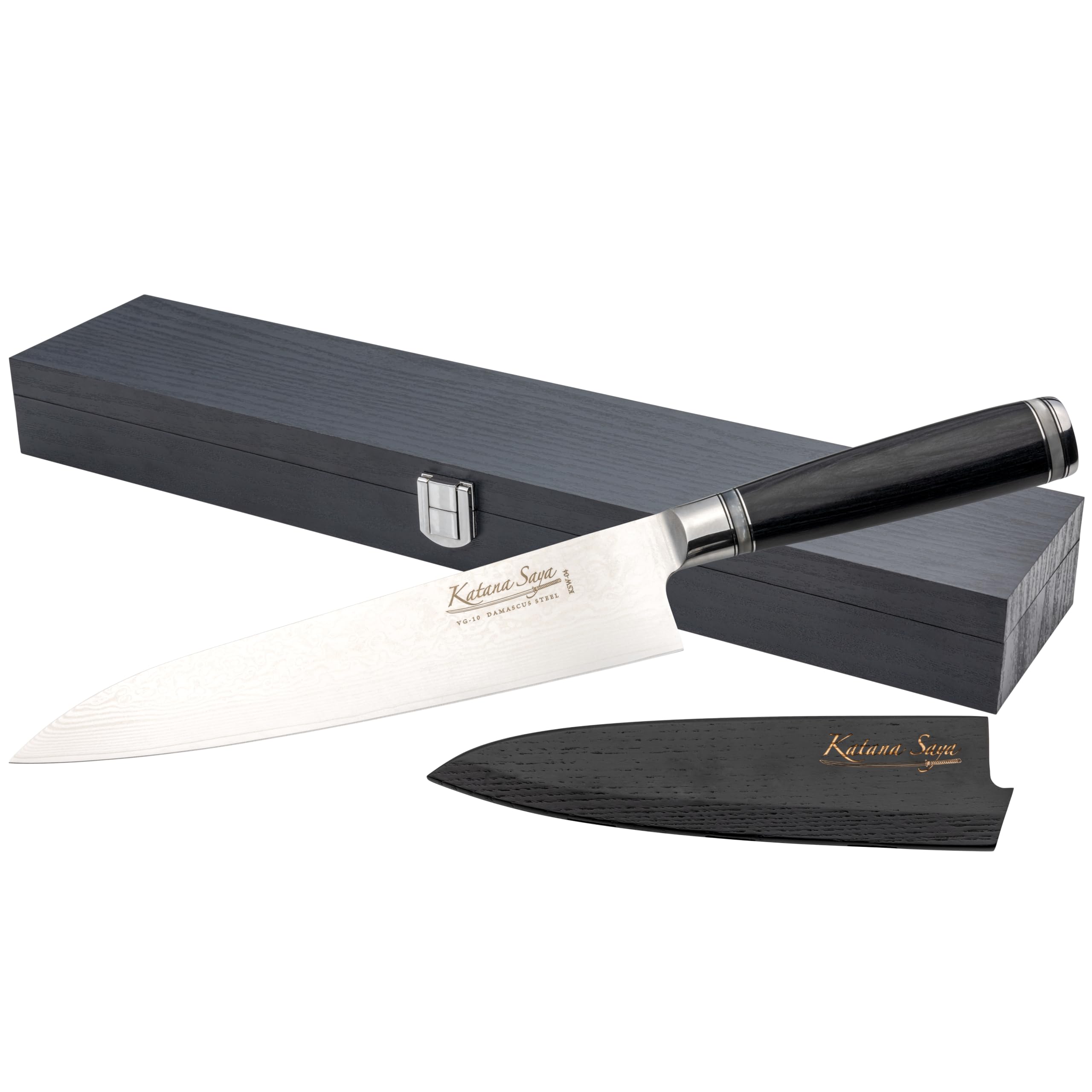 Katana Saya Pakkawood 20cm Gyuto Knife, Japanese 67-Layer VG-10 Damascus Stainless Steel, Kitchen Knife, Black Pakkawood Handle, Japanese Style
