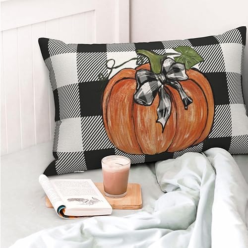 Miniatura 97 de Juego de 2 fundas de almohada de otoño de 18 x 18 pulgadas, hojas de arce de calabaza y búfalo a cuadros, decoración de otoño, de lino, Acción
