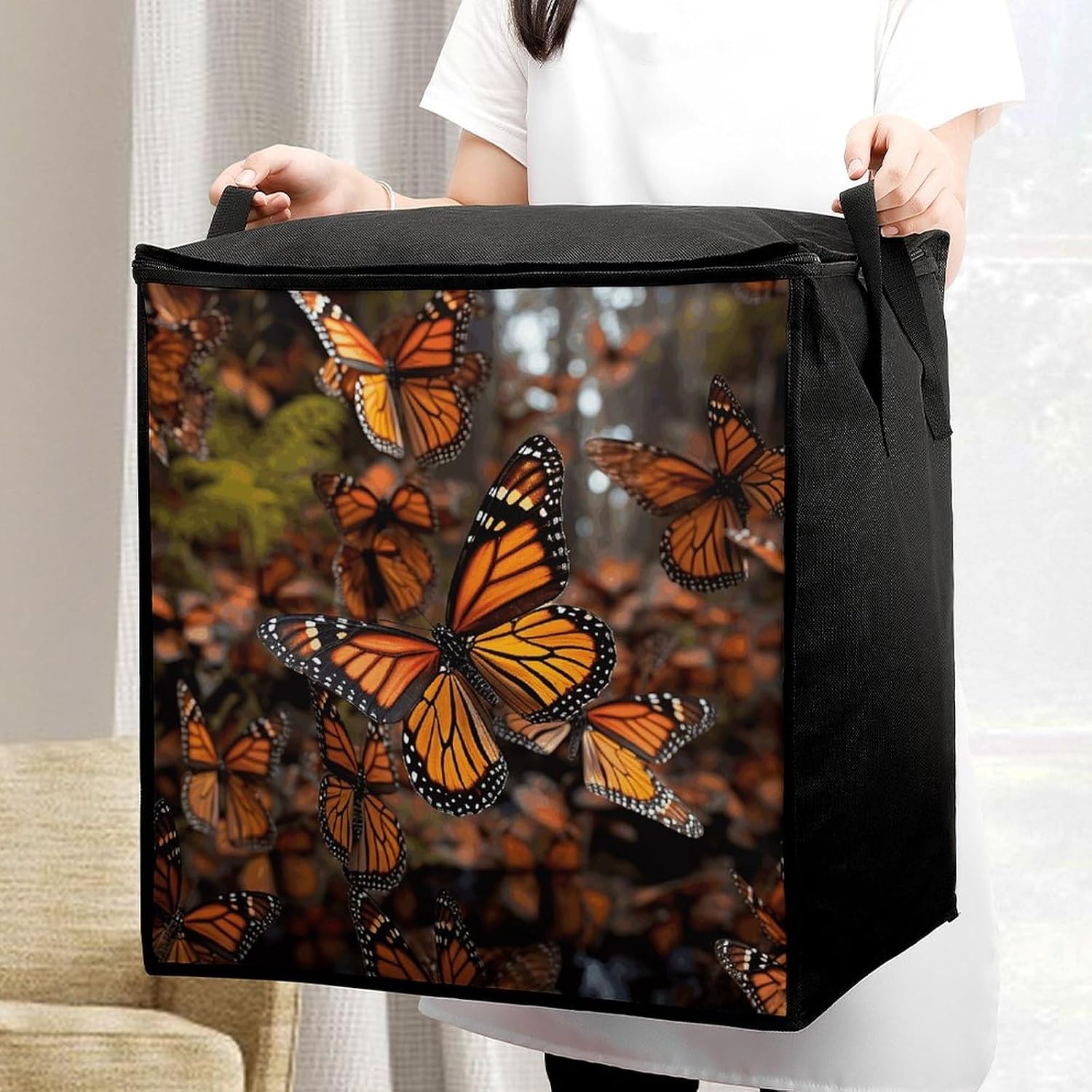 Monarch Butterflies Storage Bag with Zippers And Handle Extra Large Bedding Comforter Storage Bag Foldable Blanket Storage Bags Fabric Moving Bags for Closet Organizer (70L)