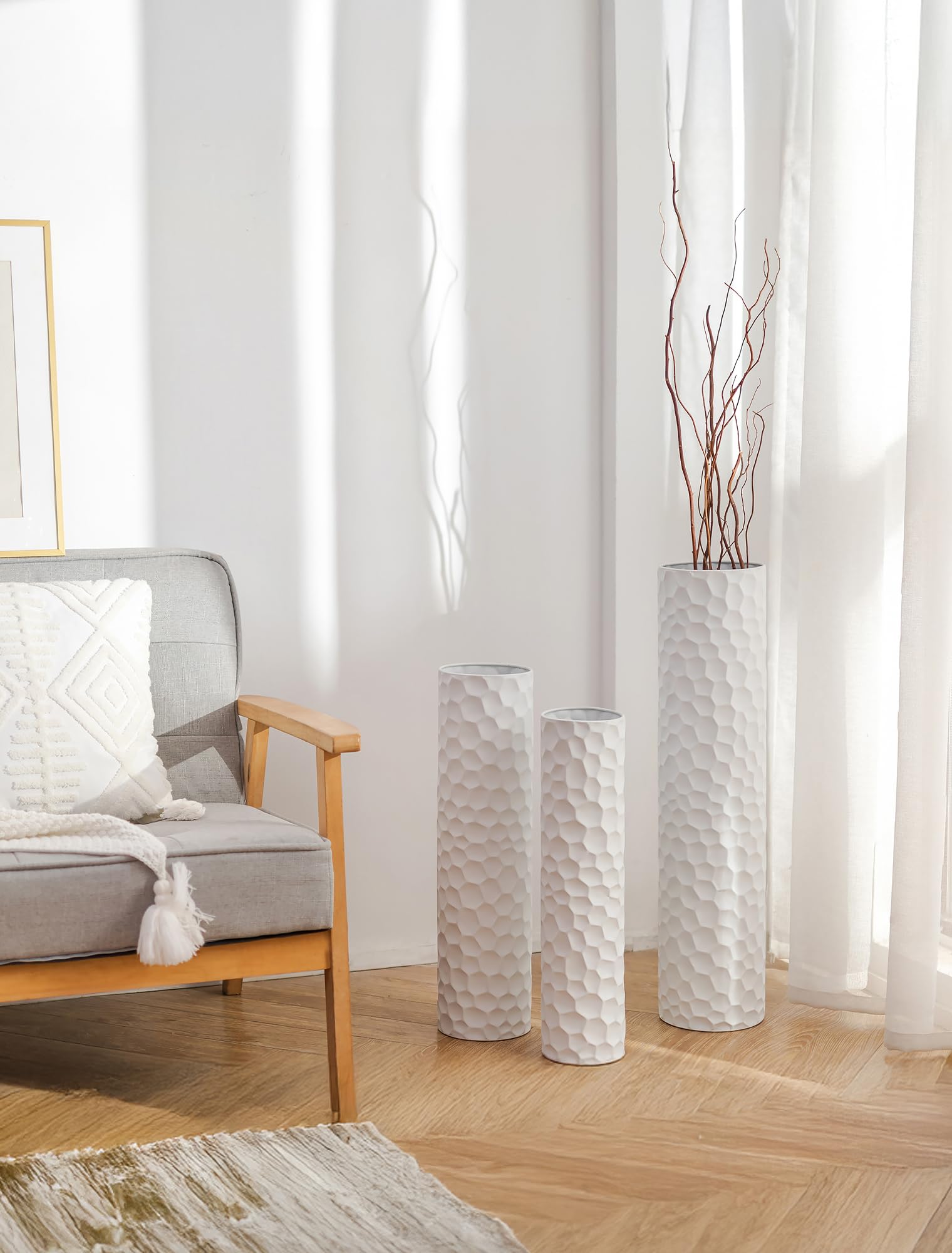 Sziqiqi Vaso da Terra Alto Bianco: Vasi Alti Extra Grandi Per Soggiorno 70/60/50 cm - Metallo Vaso da Pavimento Giganti Alti Set di 3 per Camera da Letto Ufficio Corridoio