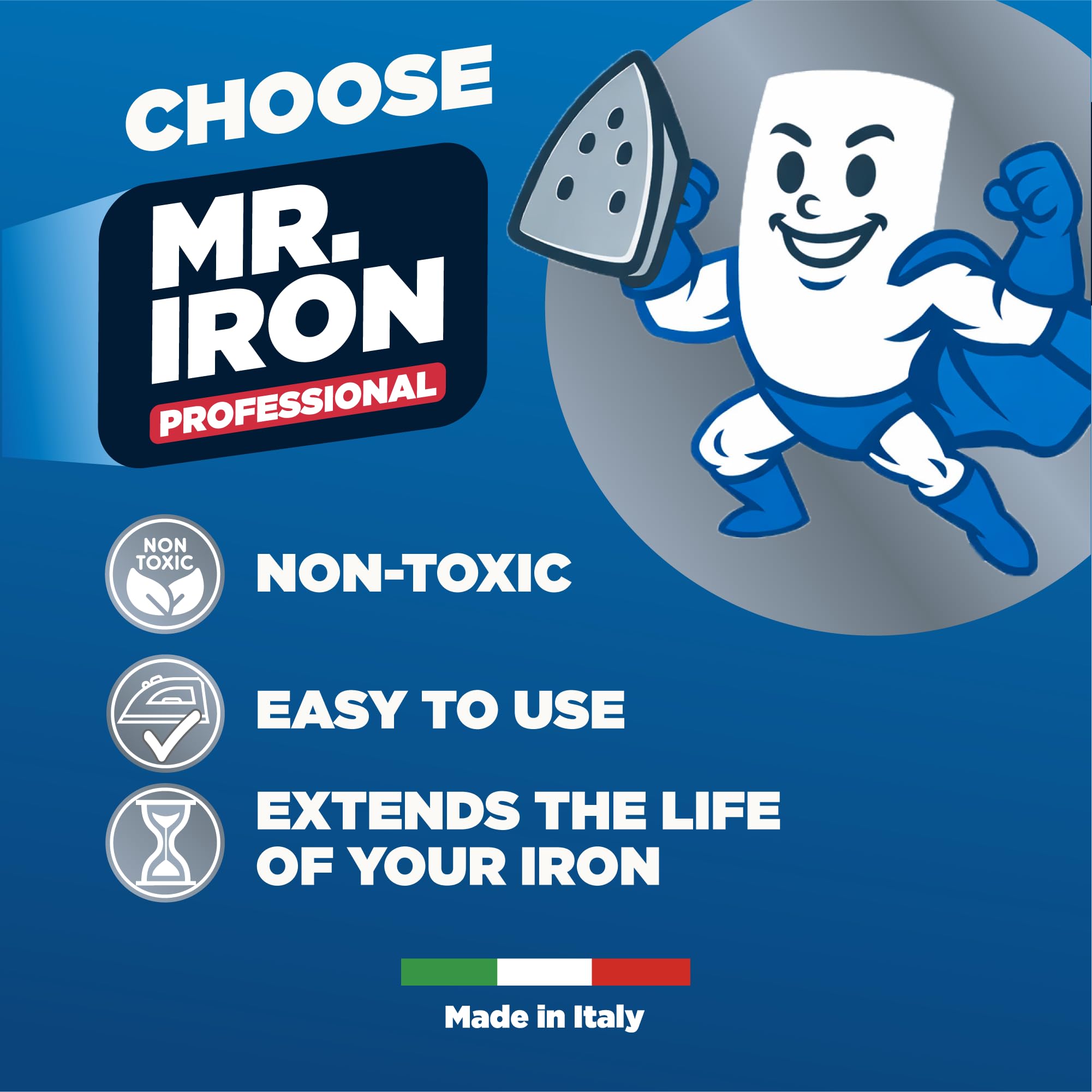 Mr. Iron Stick uniwersalny środek do czyszczenia żelazka, wyprodukowany we Włoszech. Usuwa zanieczyszczenia, kamień, skrobię i brud z płyty. Idealny do wszystkich żelazek, łatwy w użyciu, bezpieczny