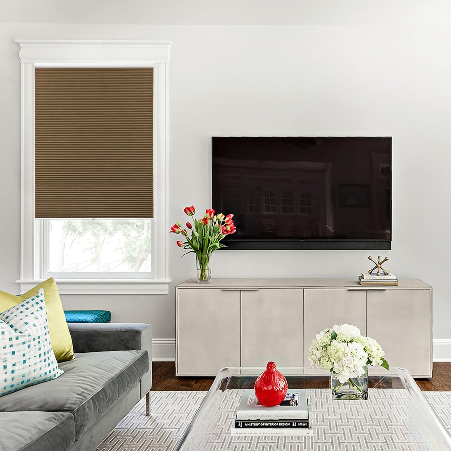 Cordless Cellular Shades Blackout Window Blinds Easy to Install Pull Down Shades Heat Insulation Honeycomb Blinds for Home (Brown, Custom Size)