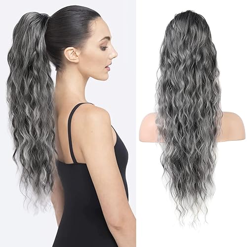 HOOJIH Extensión de cola de caballo, extensiones de cabello con cordón de 26 pulgadas de largo, cola de caballo rizada y ondulada natural, pieza de