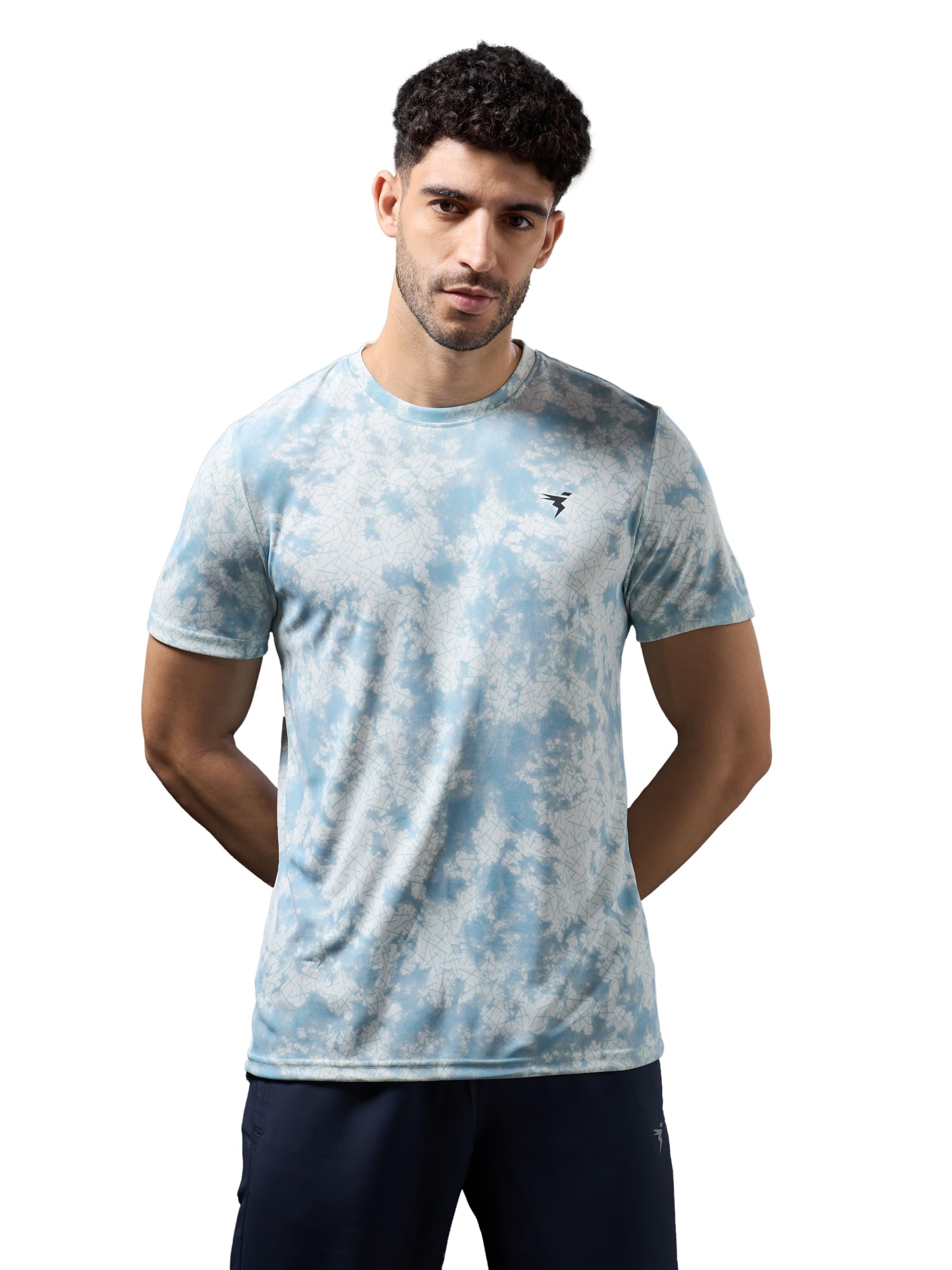 TECHNOSPORT Men's 100% Polyester Regular Fit Half Sleeve Printed Crew Neck T-Shirt with Techno Dry, Anti Microbial Properties for Gym, Workout and Regular Use