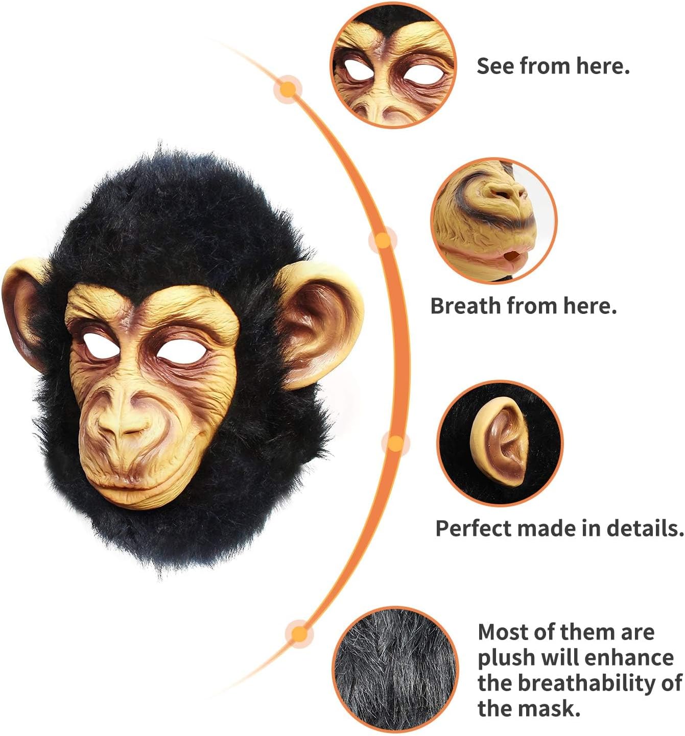 CreepyParty Monkey Mask for Adults, Natural Latex Monkey Costume Mask for Halloween Parties and Cosplay