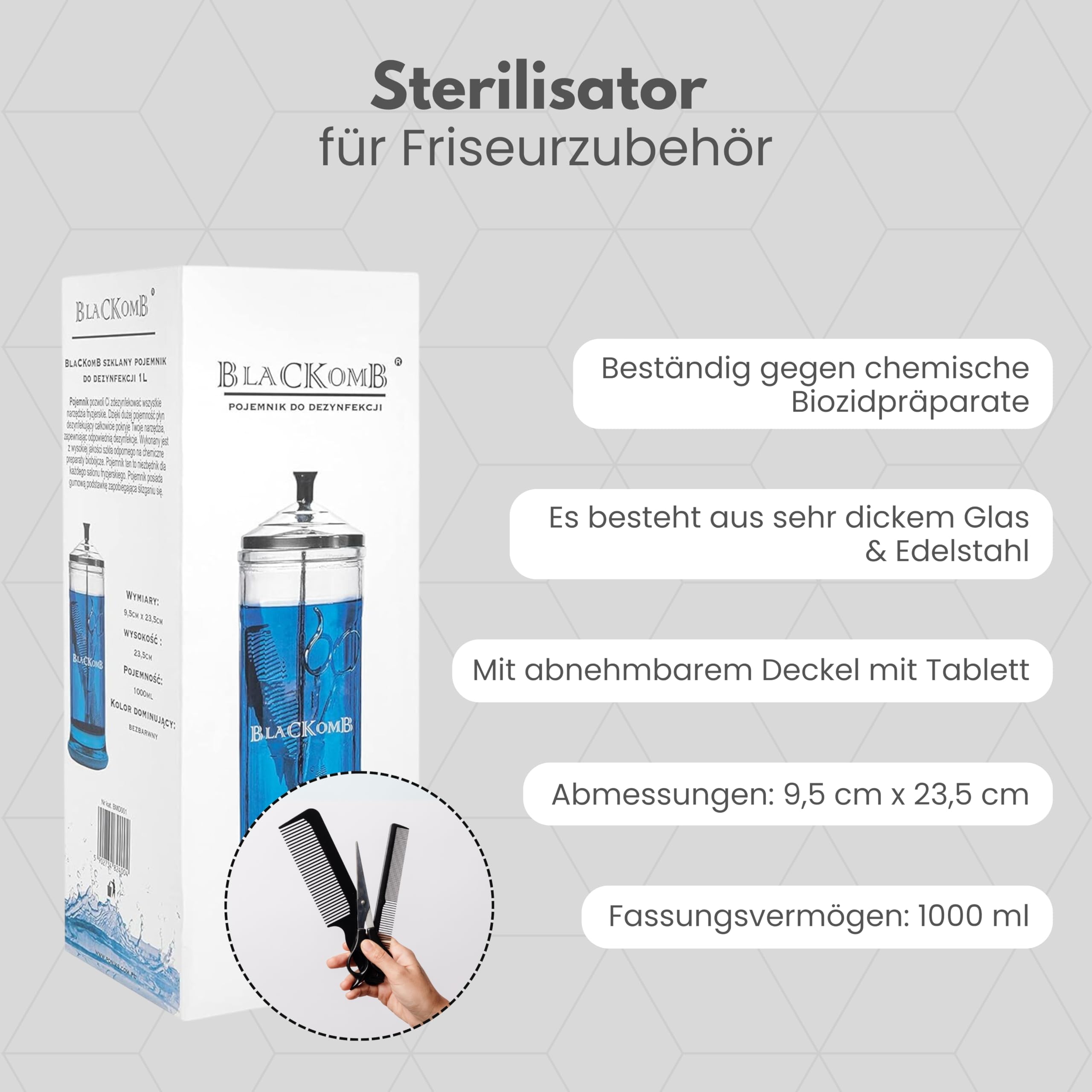 Desinfektionsmittel Glas 1L – Desinfektionsglas für Kosmetikstudio - Instrumentendesinfektion – Sterilisationsglas für Friseursalon – Barber Sterilisator aus Glas und Edelstahl
