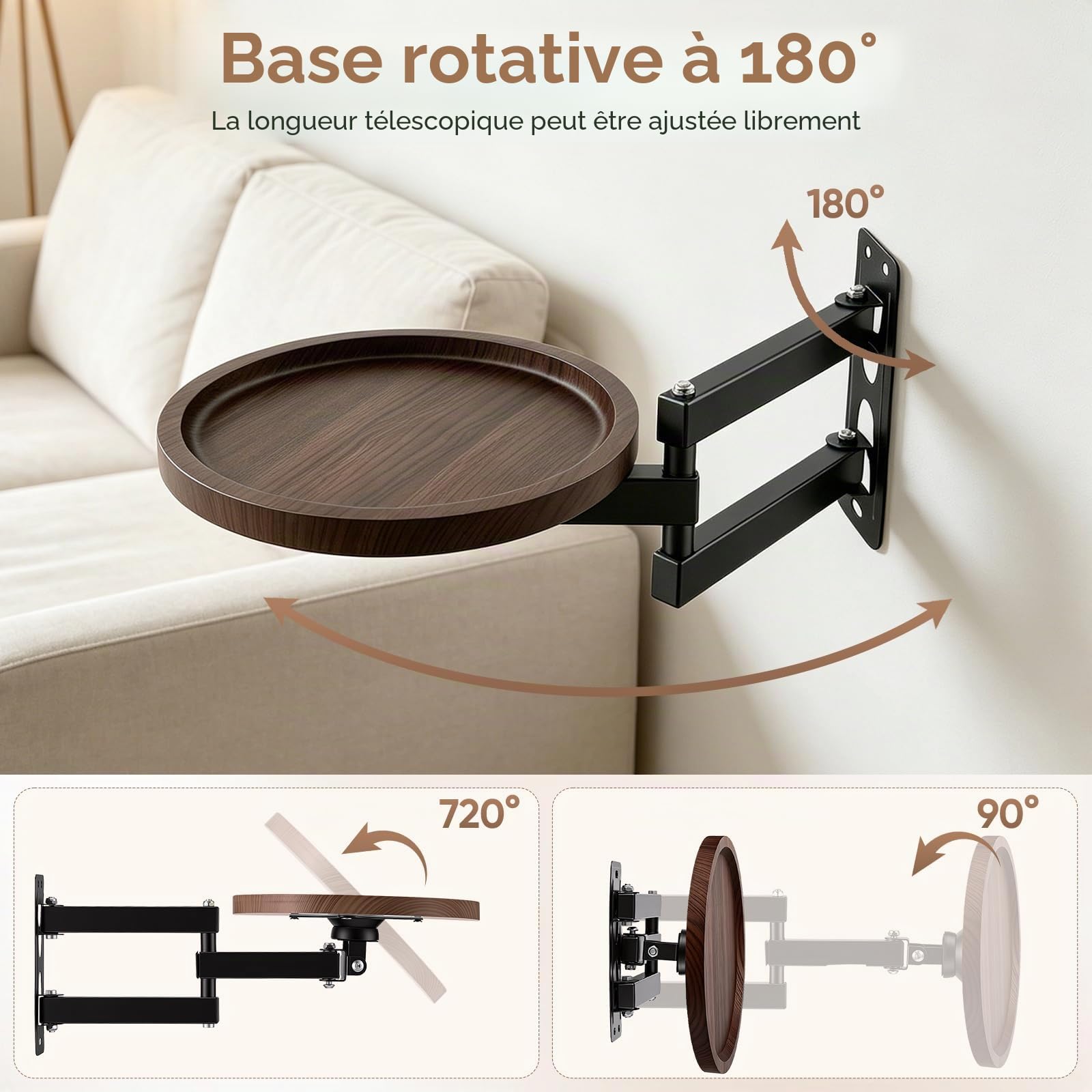 Table Murale Pliante, Petite Table Murale Rabattable Bureau Rond De 30 Cm Pivotant à 180 ° De DiamèTre Pliable Extensible De Chevet Suspendue Gain De Place pour Chambre, Salon, Balcon (A)