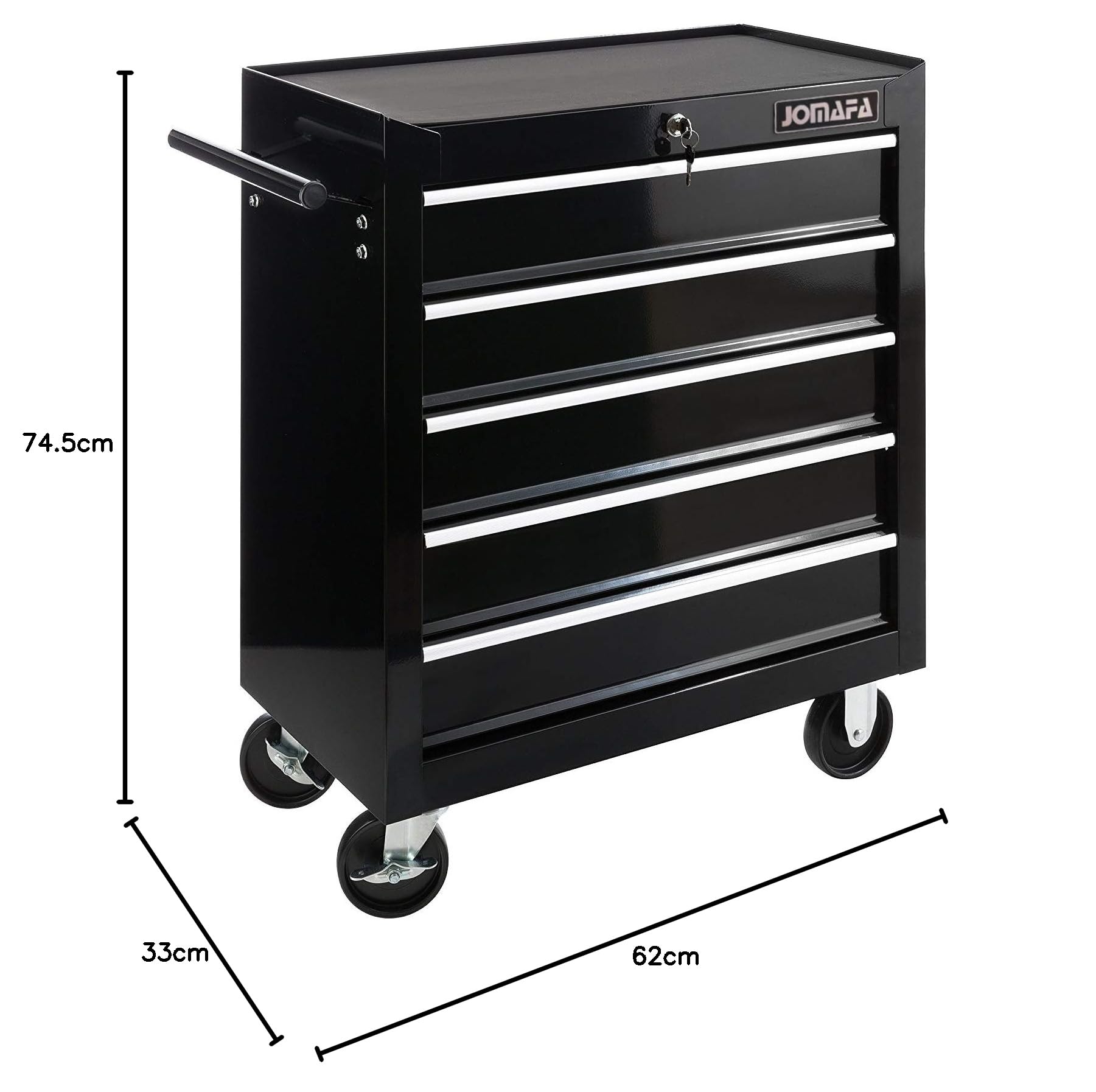 JOMAFA Carro de Taller Caja de Herramientas | 5 cajones | Cerradura por Llave | 4 Ruedas | 2 Ruedas con Freno de Bloqueo | Alfombrillas Antideslizantes