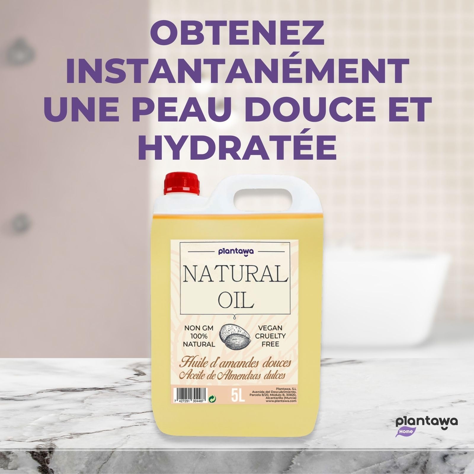 PLANTAWA Huile d'amande douce, Pack économique, kit professionnel, massage, 5L, hydrate, peau, oreille, cheveux, grossesse, pour visage, apporte de la vitamine E, durable, 5000 ml