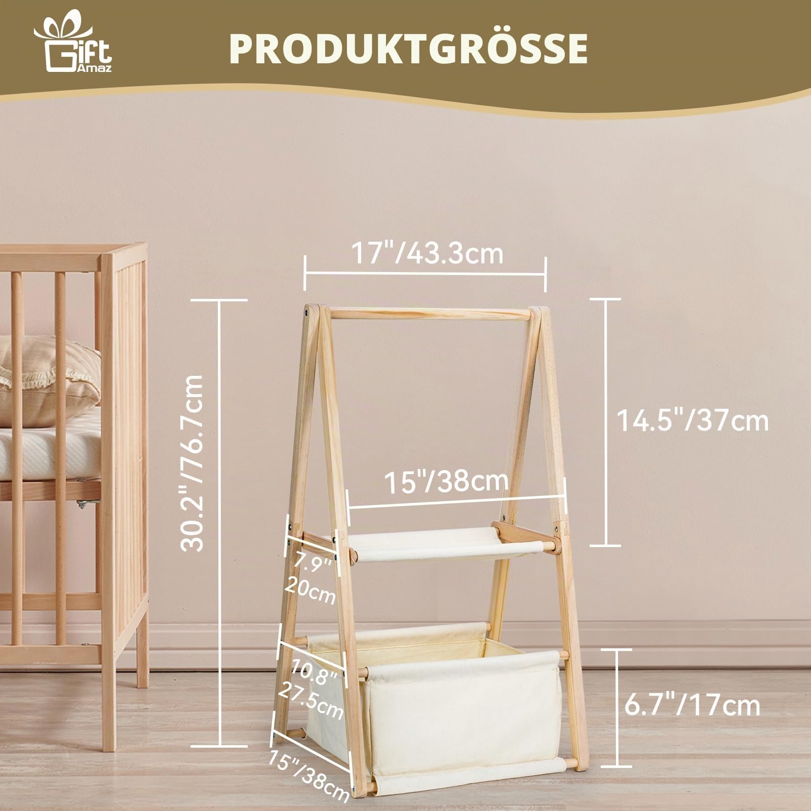 GiftAmaz Holz Babykorb für Babyparty, Zweistöckiger geschenkkorb baby, Baby Aufbewahrungskiste aus Holz mit Kleiderbügeln, Baby Shower Deko Baby Geschenk zur Geburt für werdende Eltern