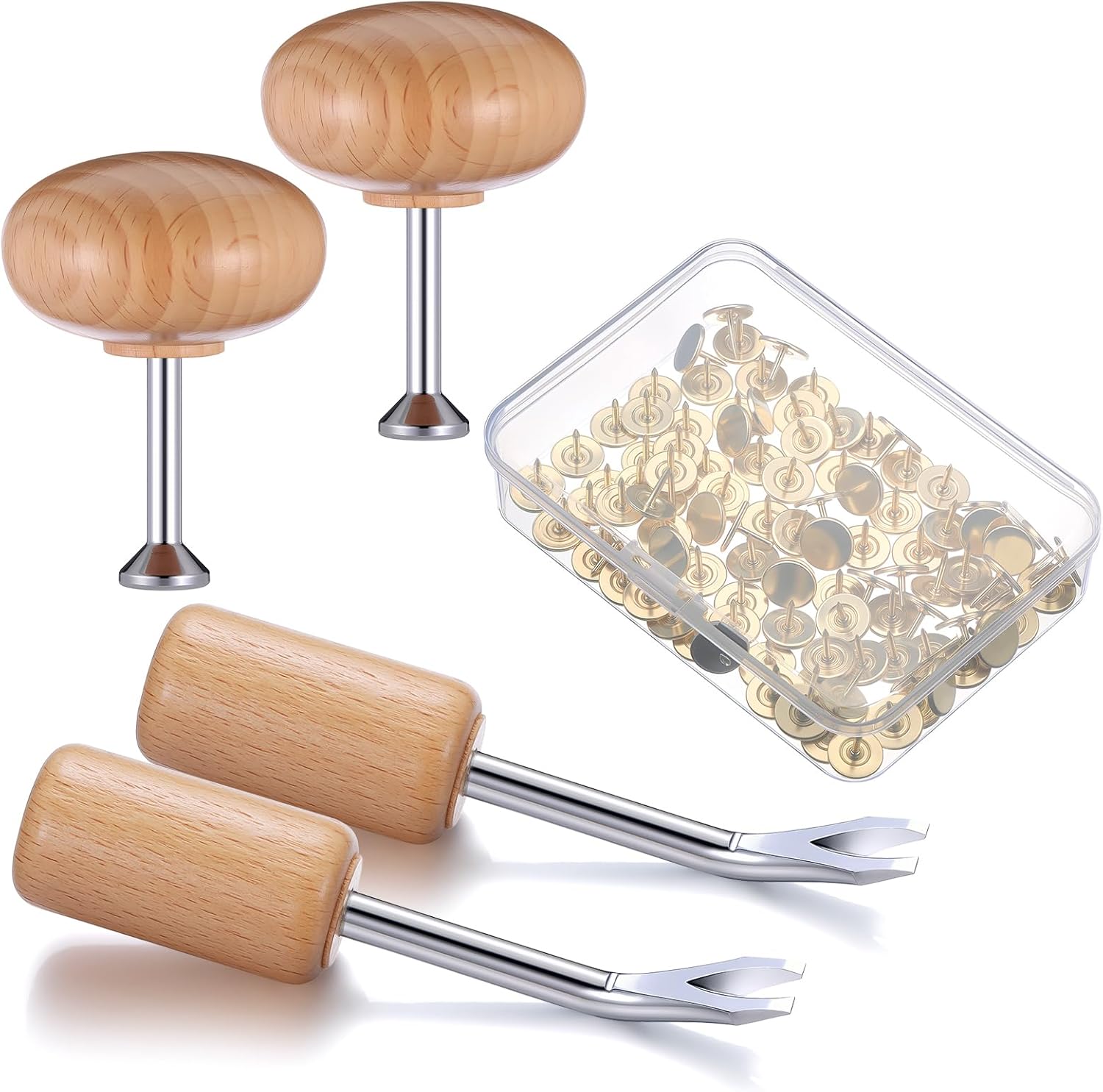 Lothee Tack Kit Wood Handle Tack Remover and Magnetic Push Tool with 100 Pcs Gold Thumb for Corkboard Bulletin Board Office Classroom DIY