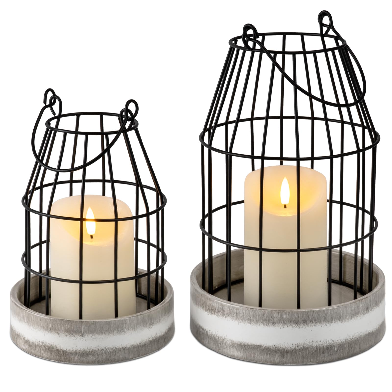 homemory farmhouse lantern decor, 2pcs modern candle lantern metal rustic candle holder home decorations for living room fireplace mantle kitchen dining table