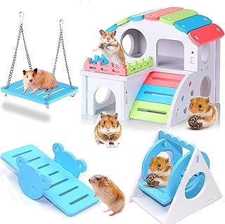 4 Pcs Hamster Toys, Dwarf Hamsters Toys Include Hamster House, Swing, Seesaw Hamster Sport Set DIY Wooden Hamster Cage Accessories for Small Hamsters Mice Gerbils (Blue)