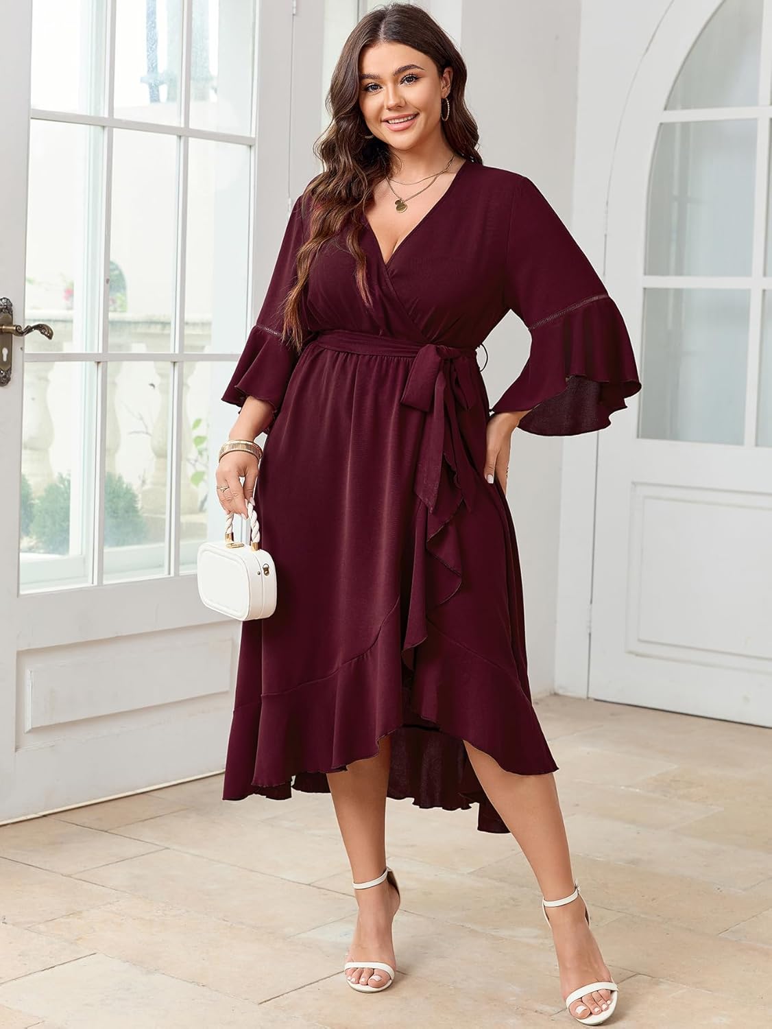 SCOMCHIC Womens Plus Size Wedding Guest Dress Fall 3/4 Sleeve Wrap V Neck High Low Ruffle Hem Maxi Cocktail Formal Dresses - Image 3