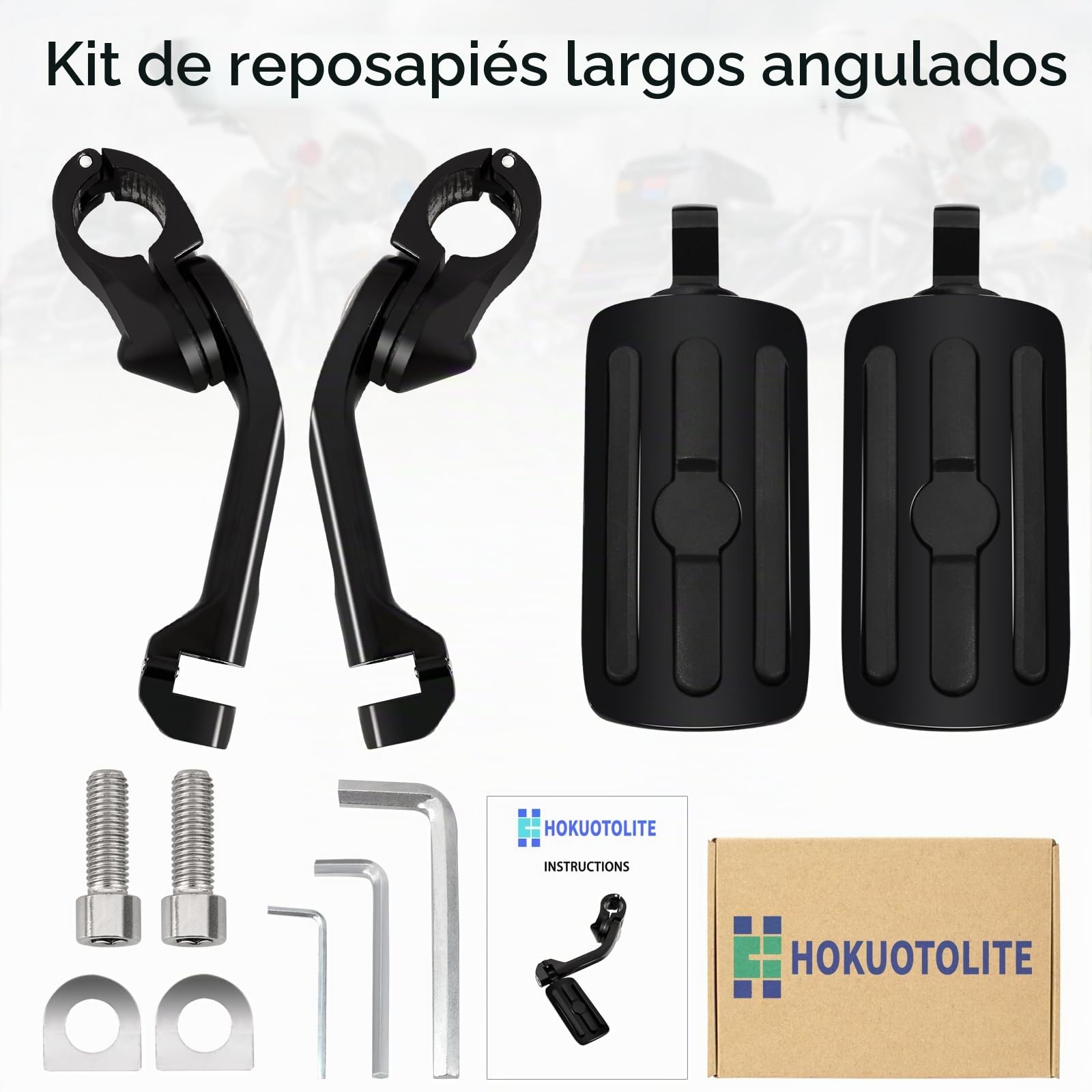 Estriberas ajustables HOKUOTOLITE de 32 mm (1,25") para carretera con kit de montaje en ángulo largo, universales para Harley, Honda, Kawasaki, Suzuki, Yamaha, Indian y Victory Motorcycler. NEGRO.