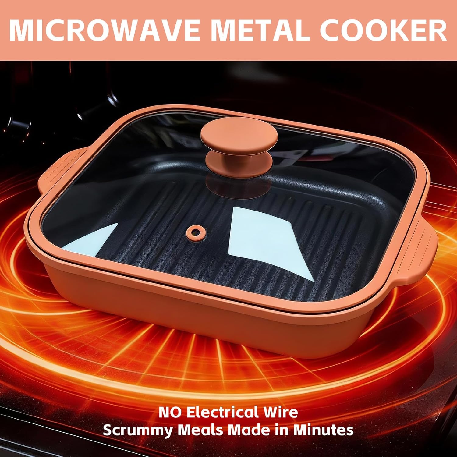 Microwave Grill Pan With Cover, Microwave Bacon Cooker, Portable Microwave Cookware For Grill Meat, Sandwich & Vegetable Dishwasher Safe (Square-Beige-Glass Lid)