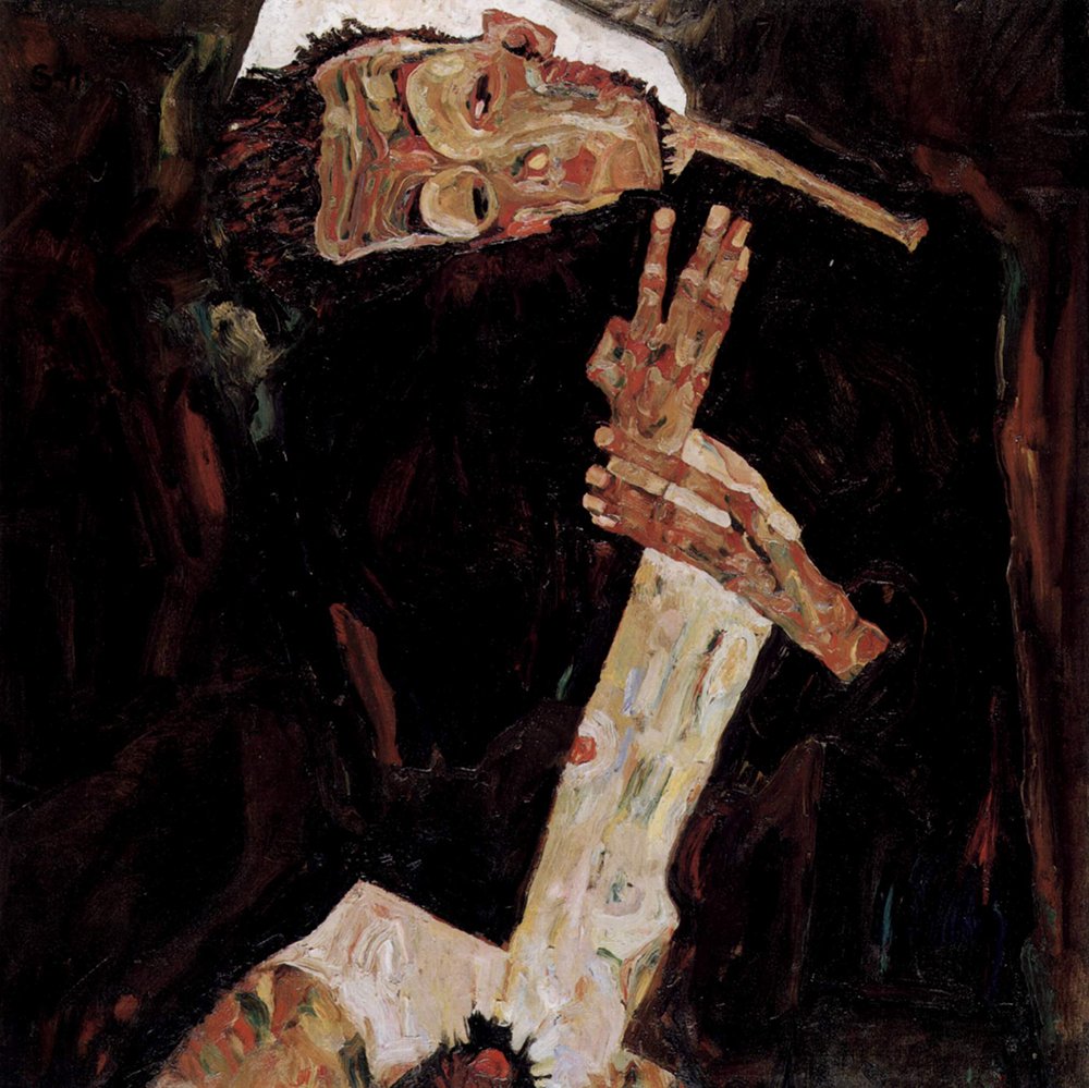 Cuadro expresionista de Egon Schiele, Trying to Sleep mediano con marco marrón mate