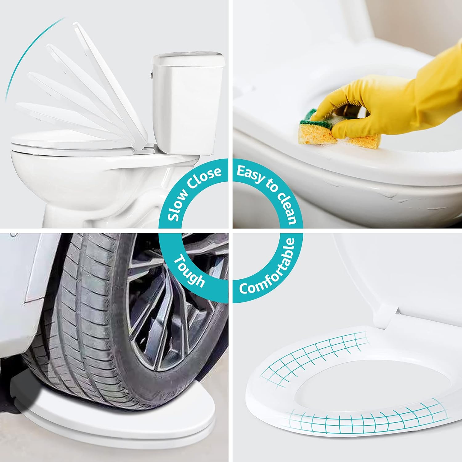 Elongated Toilet Seat Accenter R104 Slow Close Toilet Seat with Non-slip Seat Bumpers Easy to Install & Clean PP Material Toilet Seat White - - 