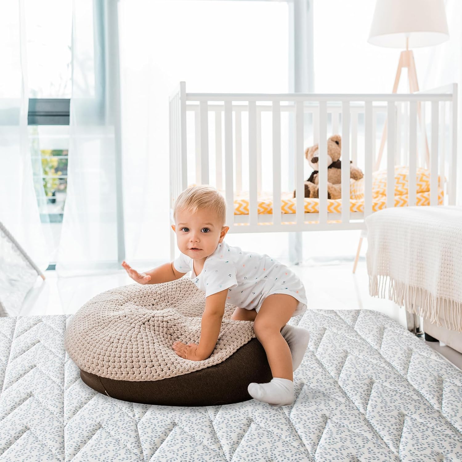 Biloban Baby Play Mat, 50x50 Baby Play Mats for Floor, Thick Foam Floor Playmat for Baby Playpen for Babies & Toddlers, Foldable & Soft One-Piece Crawling Playpen Mat for Kids, Blue Leaf