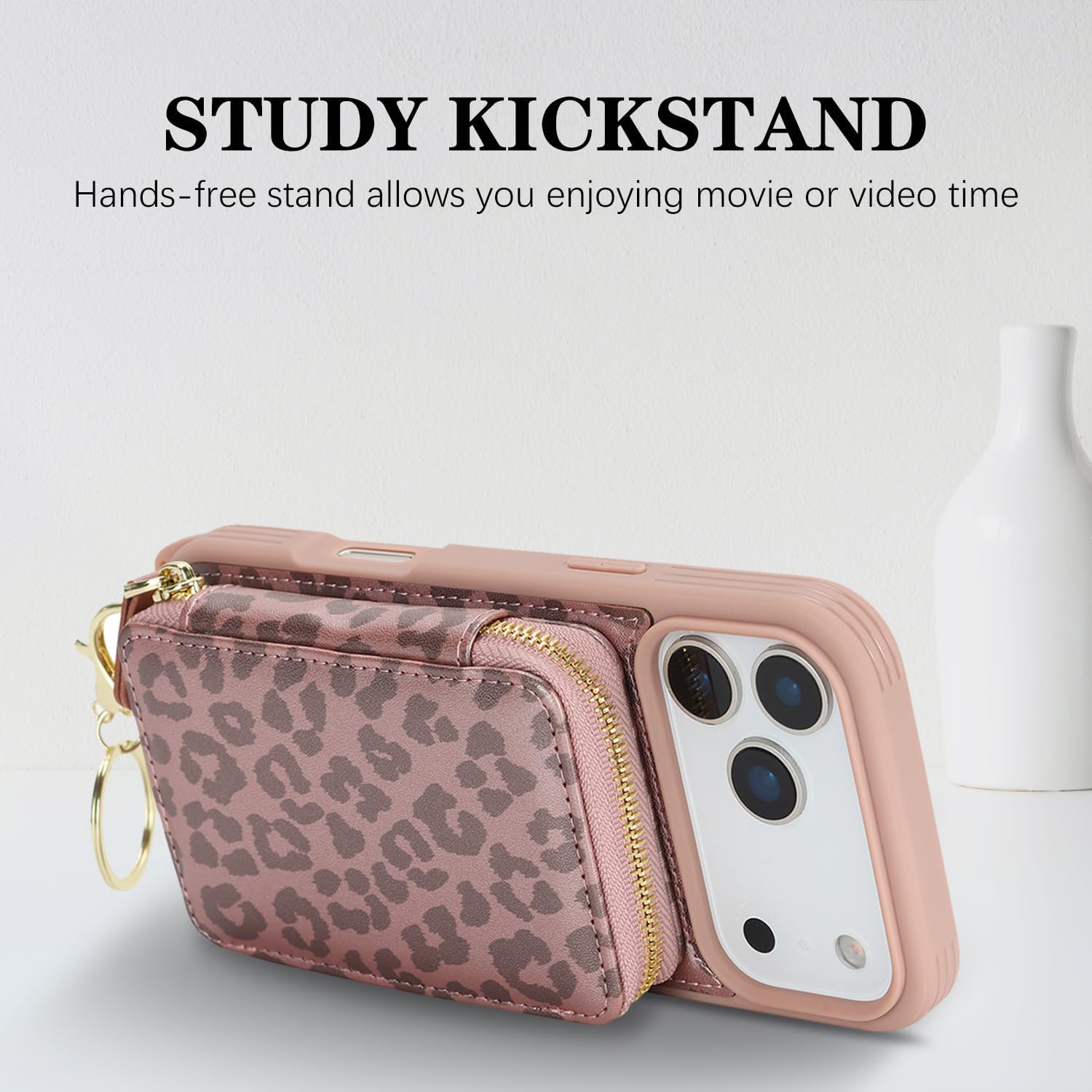 Cavor for iPhone 17 Pro Wallet Case with Card Holder for Women Men, for iPhone 17 Pro Case with Strap, Crossbody Lanyard Phone Case, Magnetic Detachable Compatible with Magsafe-Rose Gold Leopard