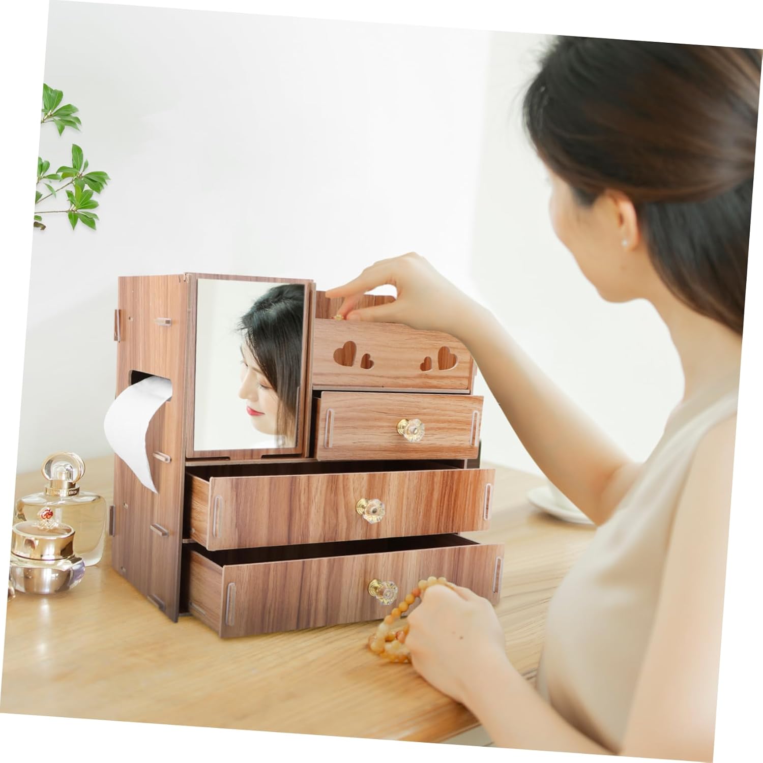 Mirror Makeup Storage Organizer Cosmetics Display Case 3 Drawer Wooden Cherry Sturdy Material