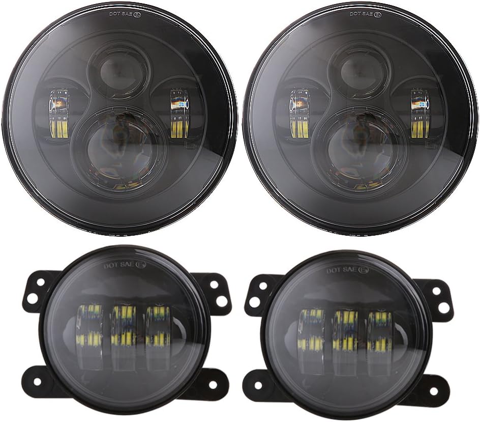 DOT Approved 7 Inch Round LED Headlight with 4 Inch LED Fog Lights Compatible with Jeep Wrangler JK LJ TJ JKU Rubicon Sahara Hummer Freedom Edition Willys Wheeler 2 door 4 door