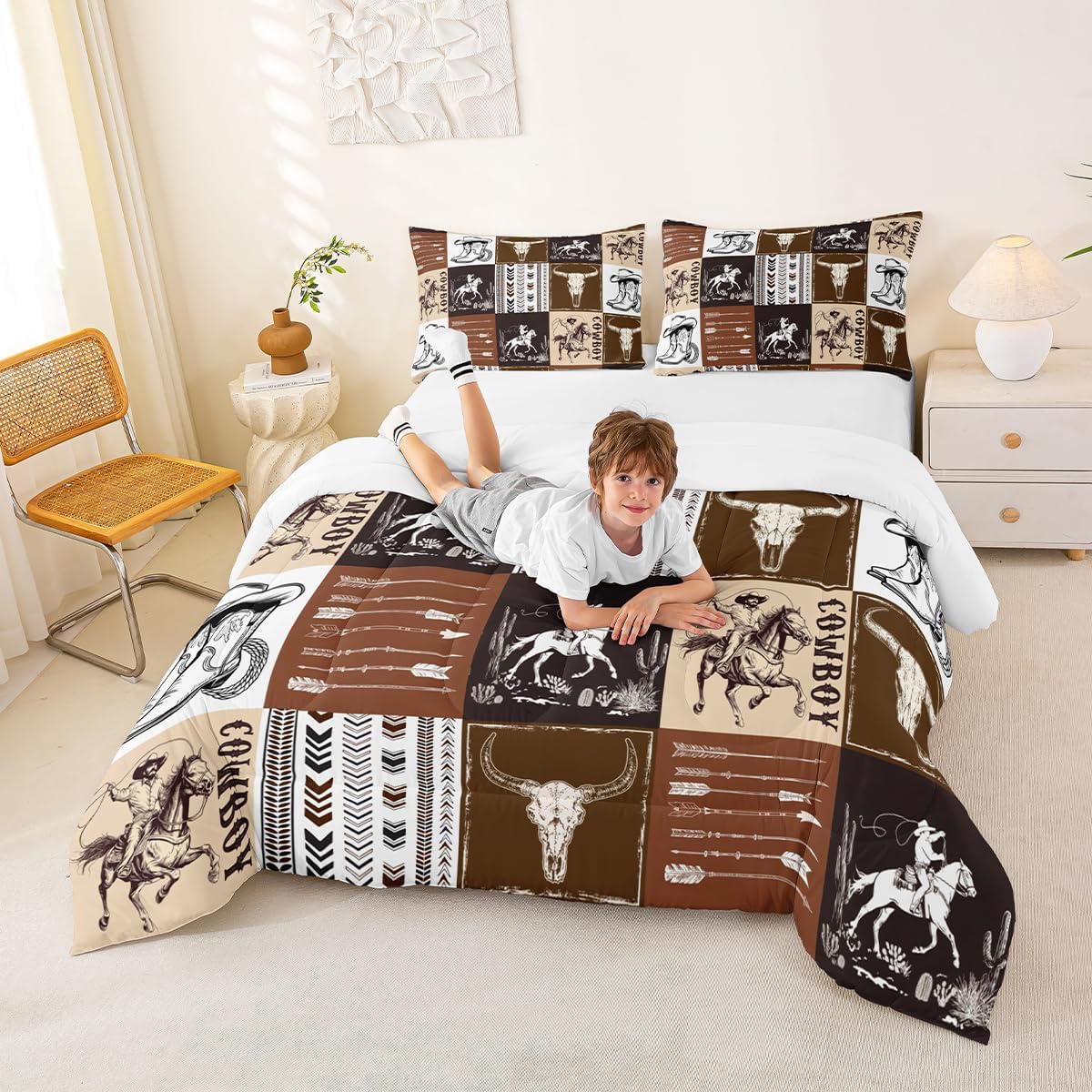 Western Comforter Set Queen Size,Southwestern Aztec Country Horse Bedding Set 2pcs,Cowboy Rustic Ranch Style Down Comforter,Brown Patchwork Farmhouse Bed Set for Kids Boys Teens,1 Pillowcase,No Sheet - Image 2
