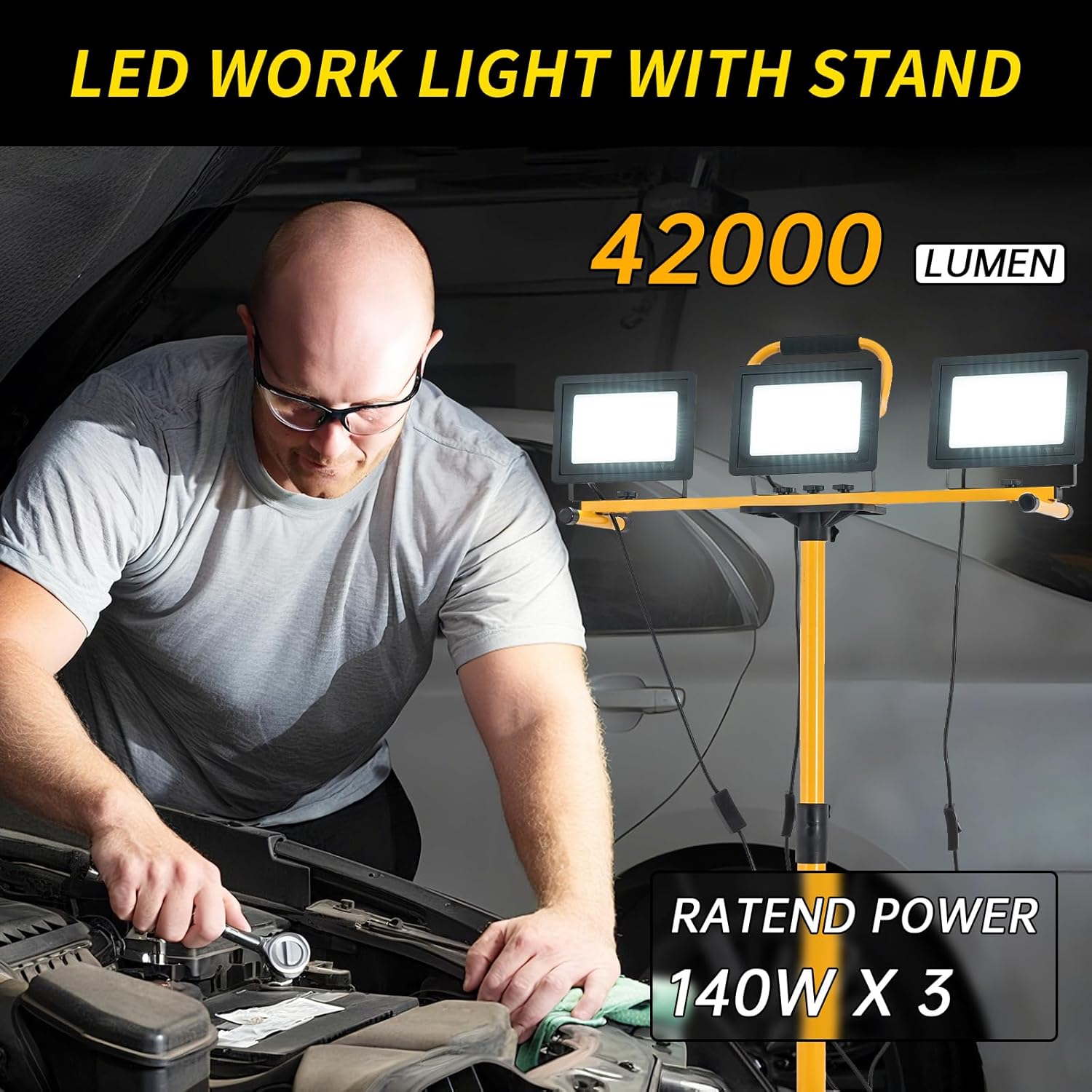 42000 Lumens Ultra Bright LED Work Light with Stand 3-Head Independent Switches Dimmable Flood Light IP66 Waterproof with 16FT Power Cable for Large Outdoor Jobsite Construction Farm