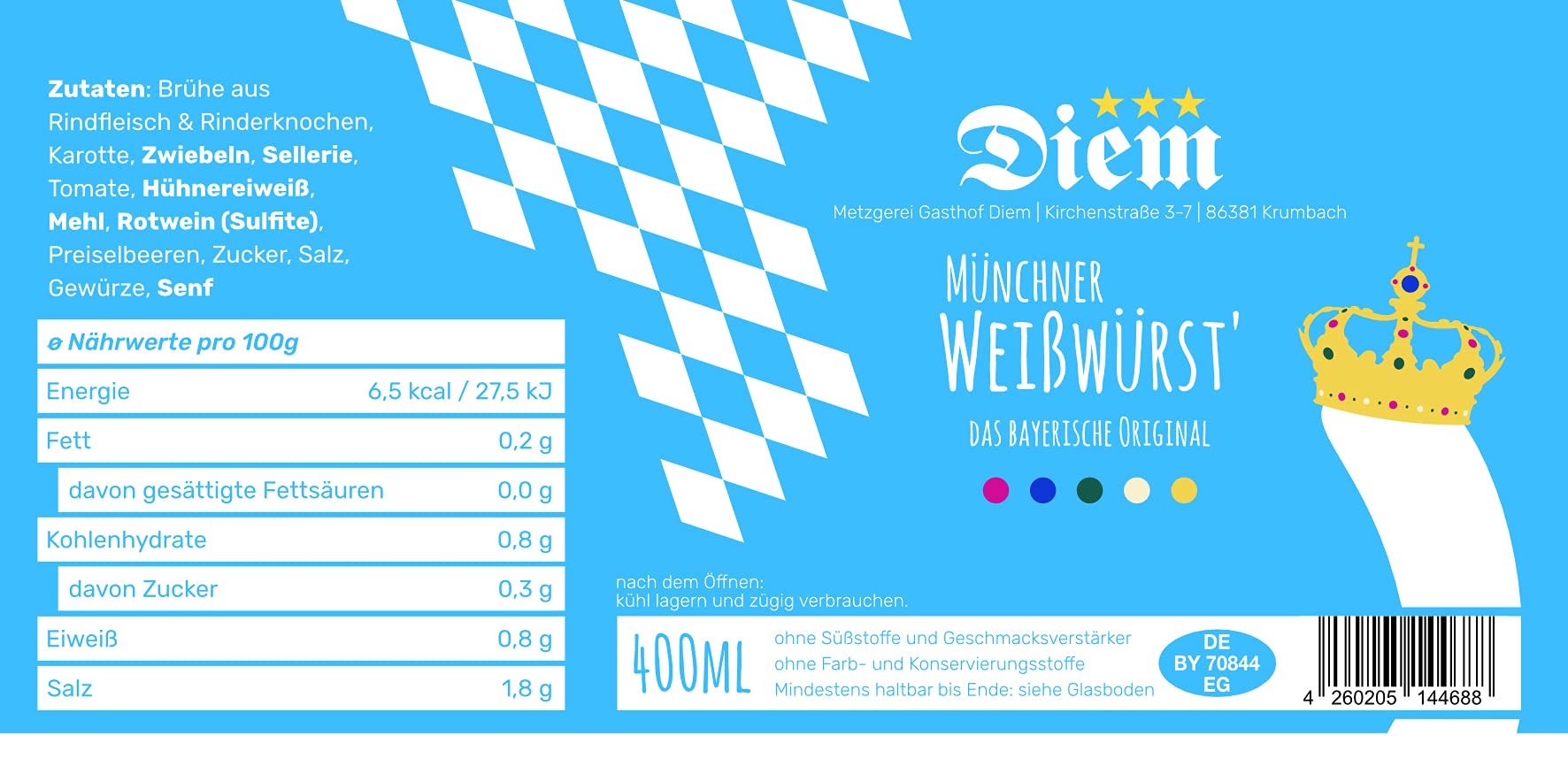 Geschenkset Weisswurst / (2x Weißwurst im Glas - 4 Stück + 1 Glas Süßer Senf a 120g) - Original Münchner Weisswurst – nach Uropa Johann Diems Rezept - langes MHD - 220G Abtropfgewicht, 400g Glas