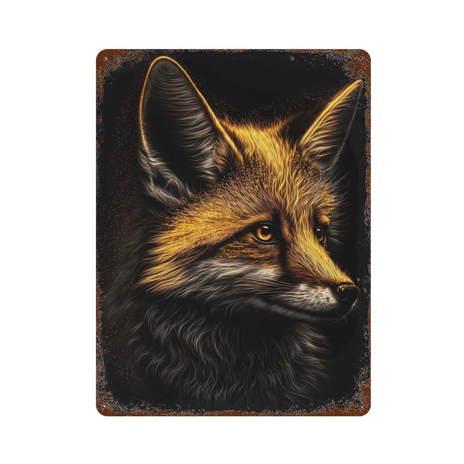 Rusty Metal Tin Sign with Fox Black Gold Design 15.7"x11.8", for Farmhouse, Kitchen And Entryway Decor, Classic Wall Plaque