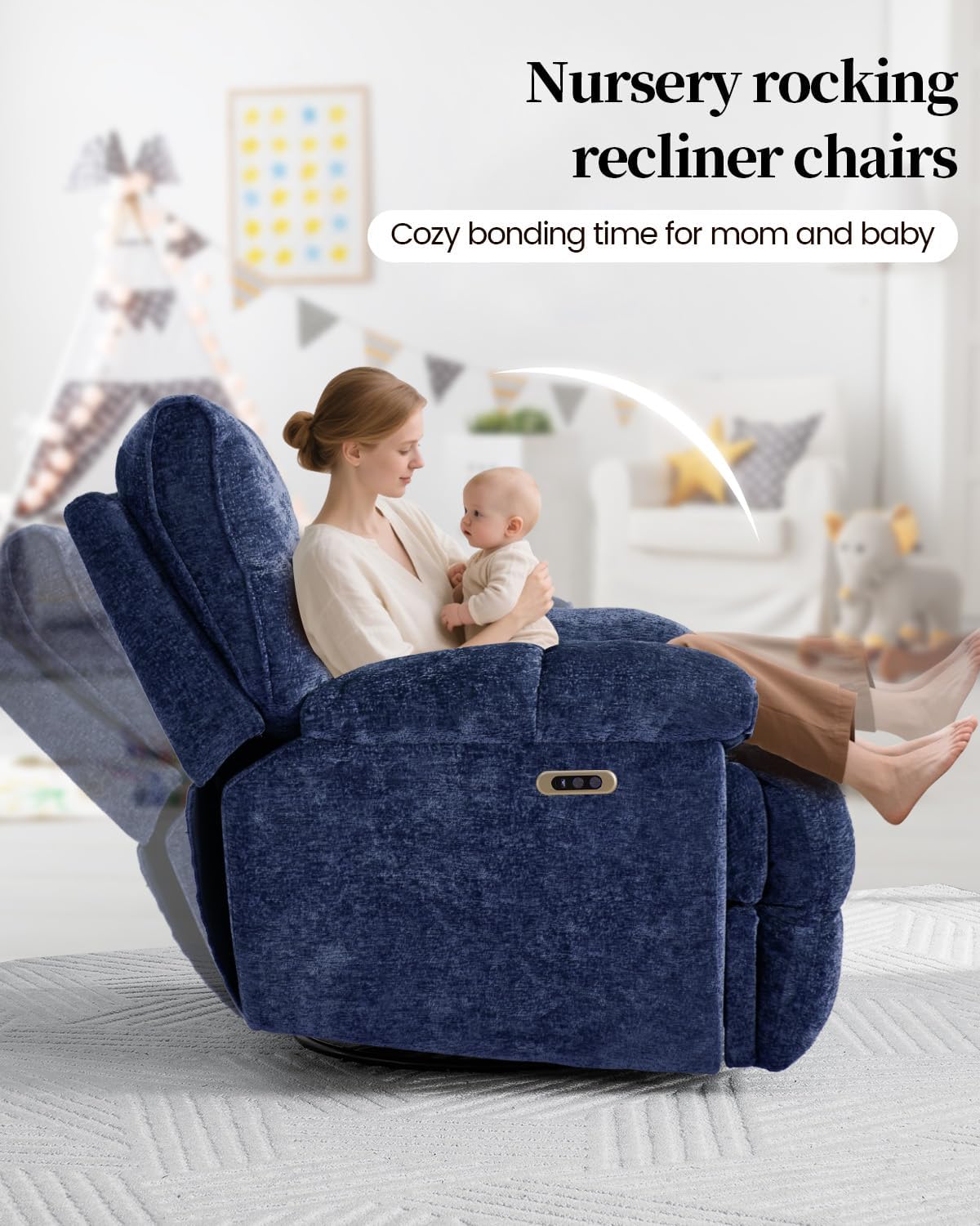 Oversized Power Swivel Rocker Recliner Chair for Big and Tall, Electric Chenille Glider with USB Ports, Extra Wide Overstuffed Reclining Sofa for Living Room Nursery, 375lbs (Blue, Power)