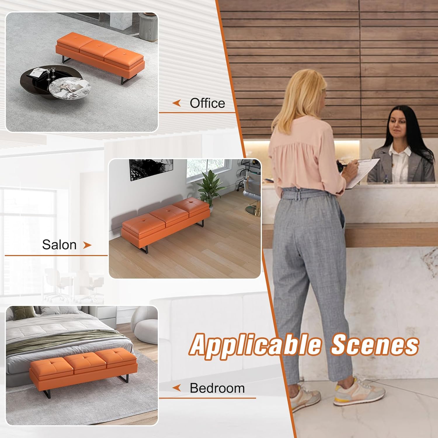 JSUN7 Leather Bench - Office Guest Reception Bench, 3 Seat Waiting Room Chairs with Cushion, Upholered Waiting Room Bench Seating, Office Furniture Lobby Chairs for Salon, Shop, Orange