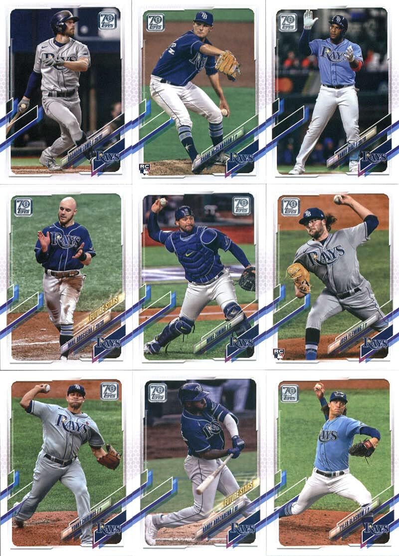 2021 Topps Complete (Series 1 & 2) Tampa Bay Rays Team Set of 22 Cards: Charlie Morton(#36), Austin Meadows(#86), Ryan Yarbrough(#196), Tampa Bay Rays(#222), Willy Adames(#237), Brendan McKay(#257), Blake Snell(#261), Kevin Kiermaier(#280), Hunter Renfroe(#295), Joey Wendle(#296), Brandon Lowe(#334), Baseball is Fun(#353), Shane McClanahan(#408), Yandy Diaz(#425), Mike Brosseau(#427), Mike Zunino(#430), Ji-Man Choi(#511), Josh Fleming(#526), plus more