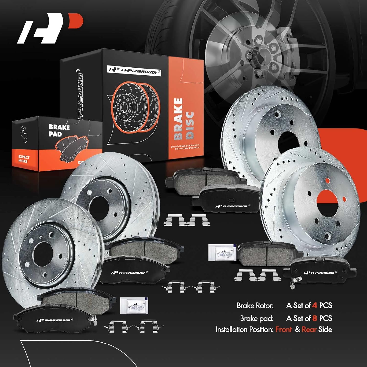 A-Premium Front and Rear Drilled and Slotted Disc Brake Rotors + Ceramic Pads Kit Compatible with Select Infiniti Models - QX70 2014, FX35 2005-2008/2011-2012, FX37 2013, FX45 2005-2008, 12-PC Set