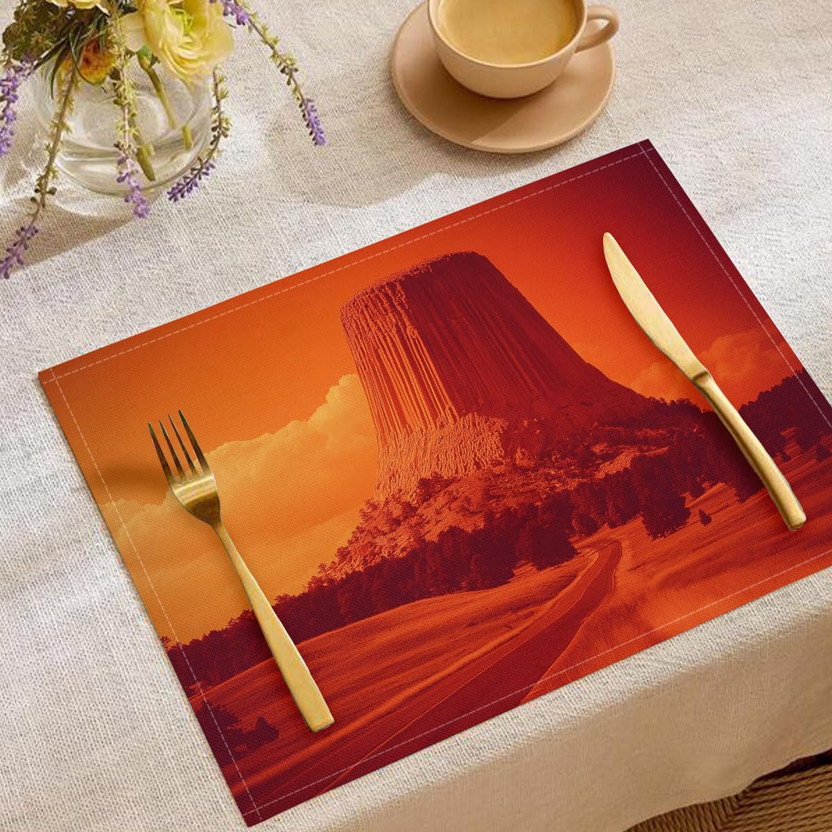 Set di 8 Colazione Stoffa 30x45cm, Antico Architettura Cotone e lino Tovagliette Americane Lavabili, Tovagliette Montagna per Primavera Vacanze Cucina Feste, Pasqua