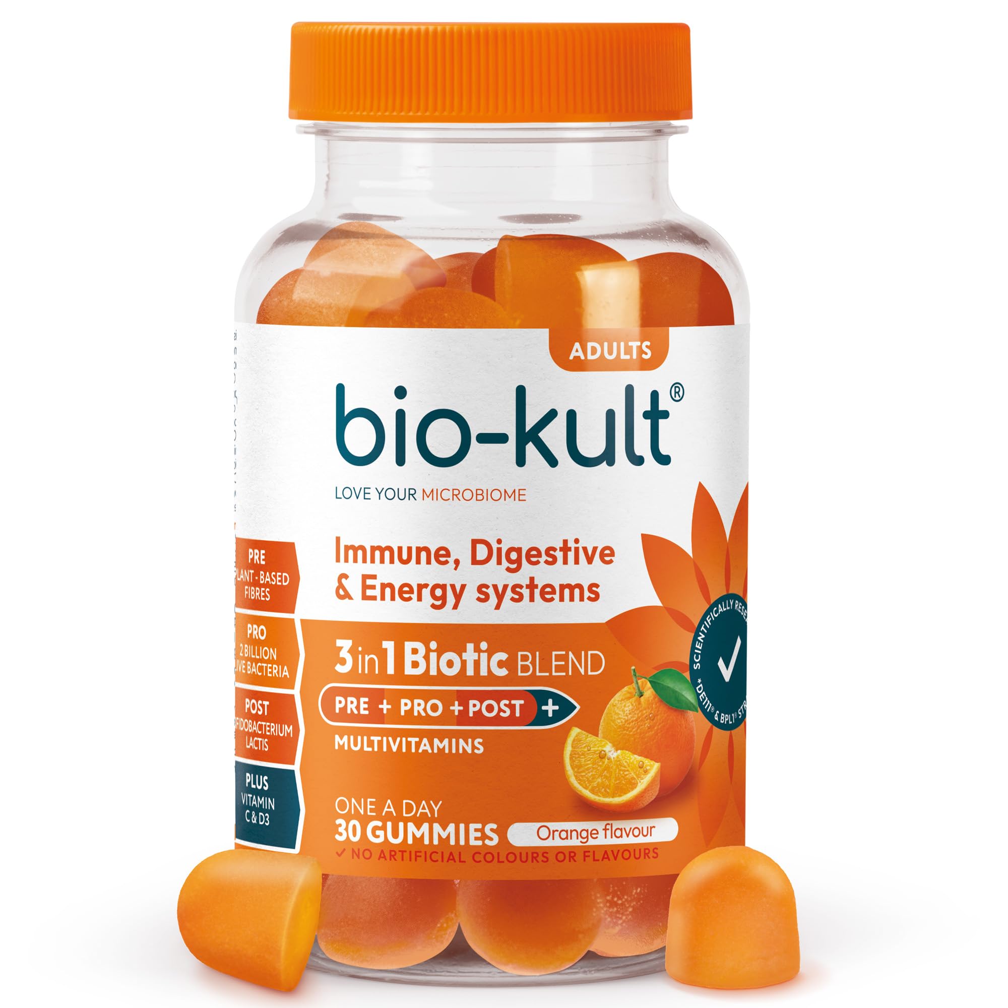 Bio-Kult 3in1 Gut Health Gummies for Adults | 2B CFU + Multivitamins | Orange Flavour | 30 Probiotic Gummies