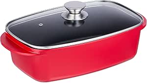 Relaxdays Bräter mit Glasdeckel, Bratentopf 5 Liter, beschichteter Aluminium Universalbräter, Elektro- & Gasherd, rot