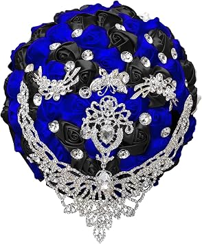 Wedding Flowers Bouquets for Bride Bridesmaid Handmade Artificial Flower Bridal Bouquet Tossing Bouquet for Wedding Ceremony Anniversary Royal Blue+Black, 5.9/15cm