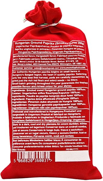 Menol Spices Smoked Paprika Powder, Sweet 200g, Hungarian Szeged | Beechwood-smoked, vivid colour, never bitter, hand-packed textile bag, for paella, chorizo dishes and BBQ rubs