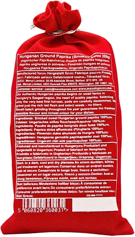 Menol Spices Smoked Paprika Powder, Sweet 200g, Hungarian Szeged | Beechwood-smoked, vivid colour, never bitter, hand-packed textile bag, for paella, chorizo dishes and BBQ rubs