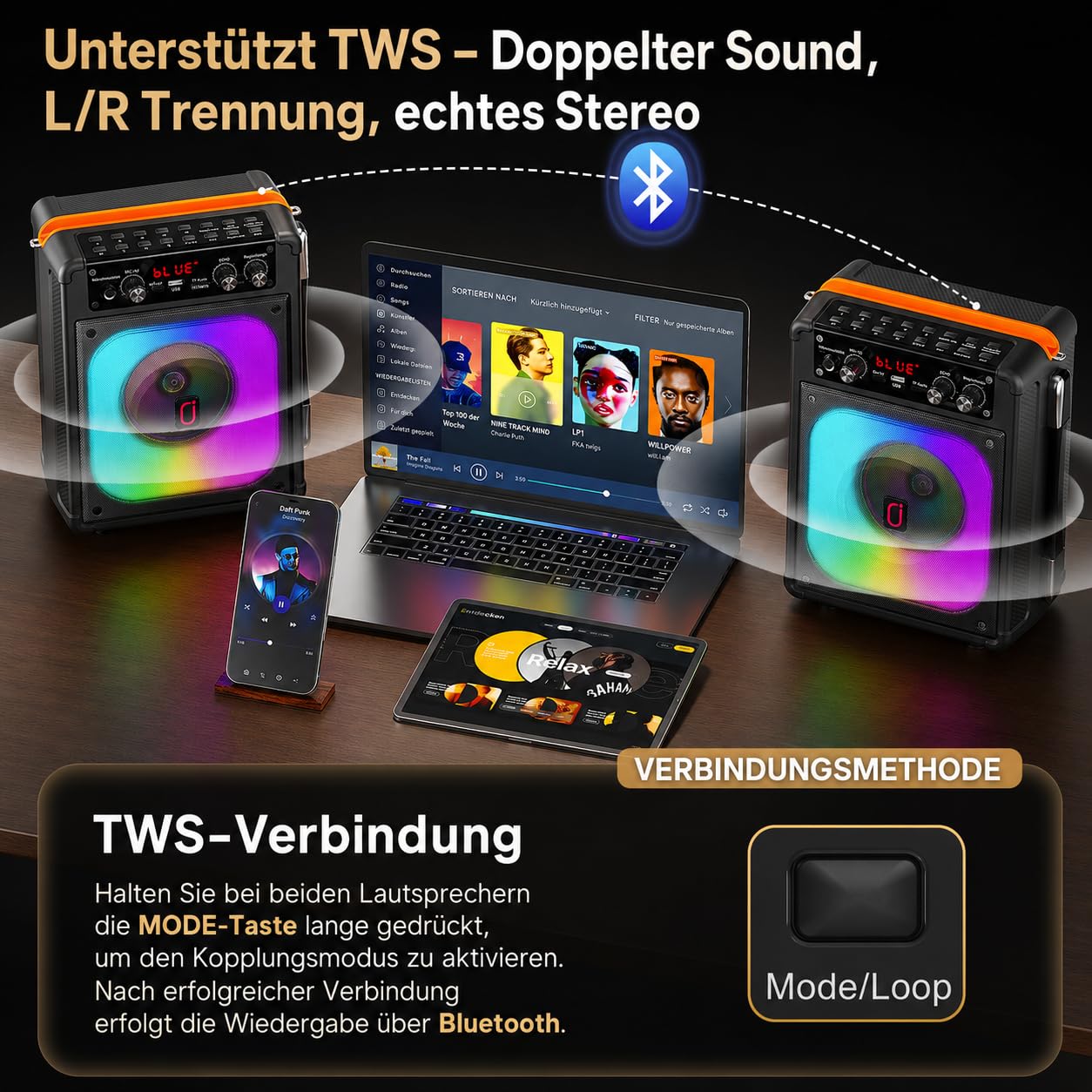 HWWR Karaoke Maschine mit 2 Mikrofonen, All-in-One Karaoke Anlage mit 5,25" Tieftöner, Echo-Anpassung, kräftigem Bass, Karaoke-Modus, TWS, TV & Gitarrenanschluss für Familie,Gartenparty,Geburtstag,BBQ