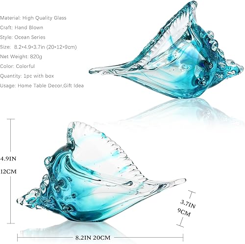 Miniatura 6 de QFkris Figuras de caracolas de vidrio soplado, decoración artística de cristal de mar de 8.2 pulgadas, estatuas decorativas de concha de caracola,